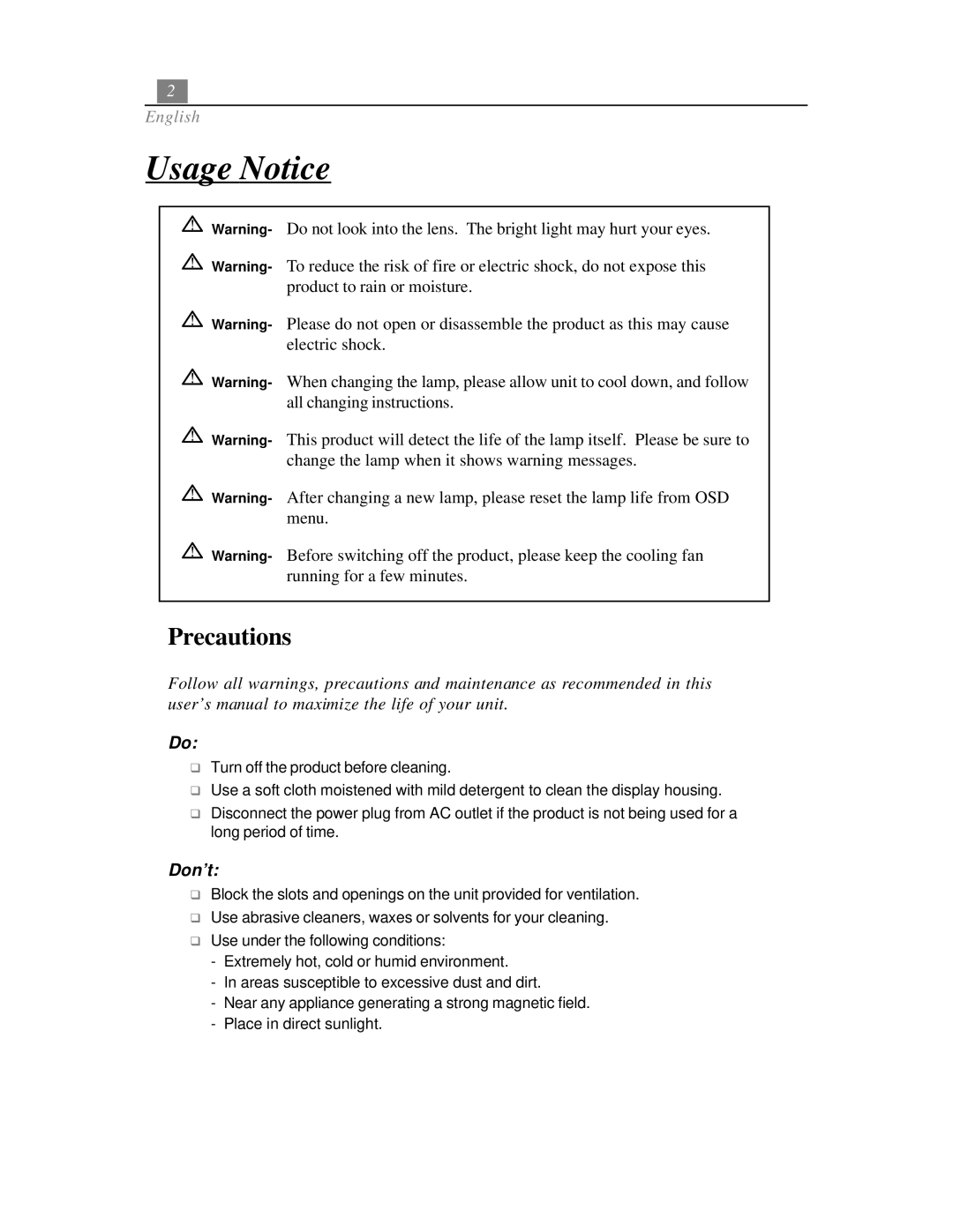 Optoma Technology EP718 specifications Usage Notice, Precautions 