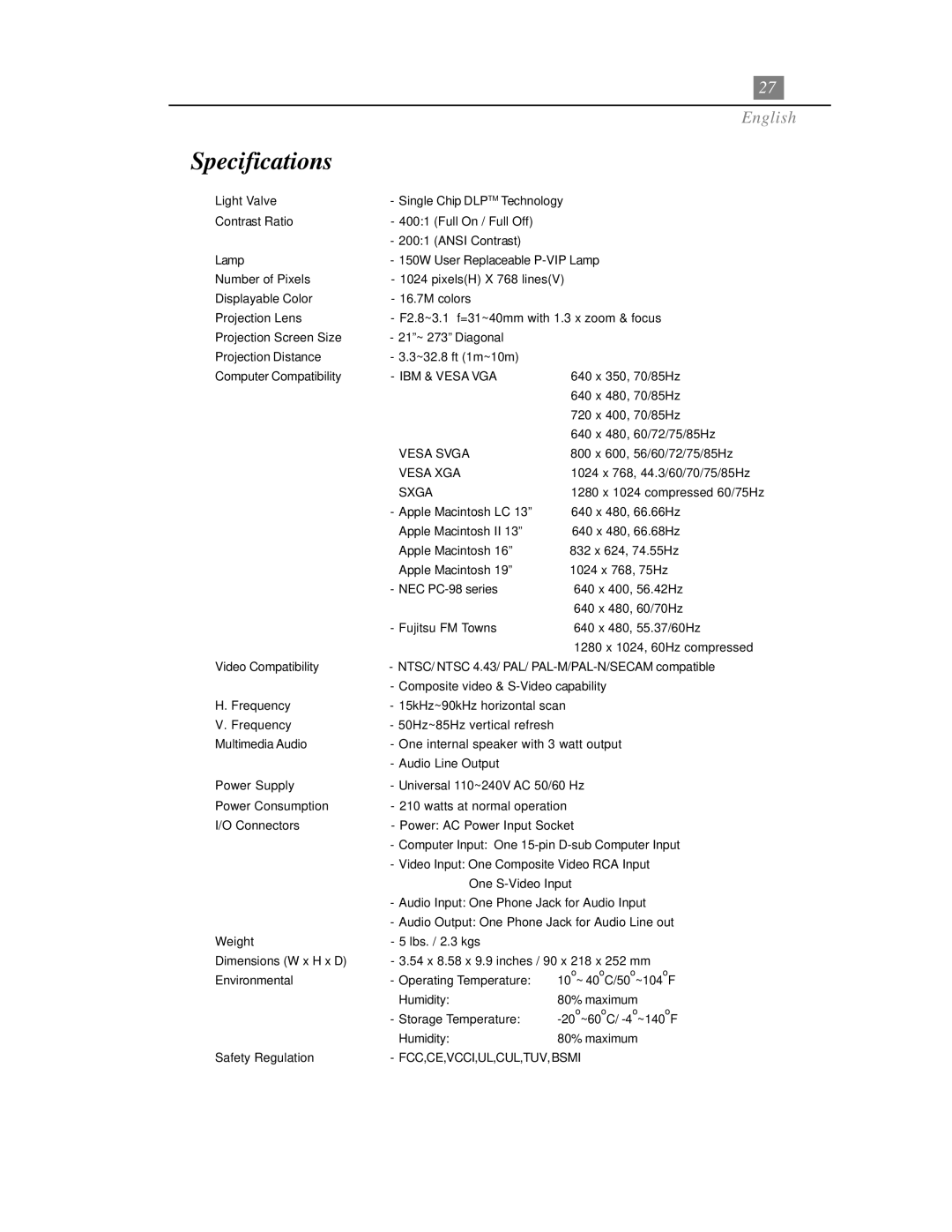 Optoma Technology EP718 specifications Specifications 