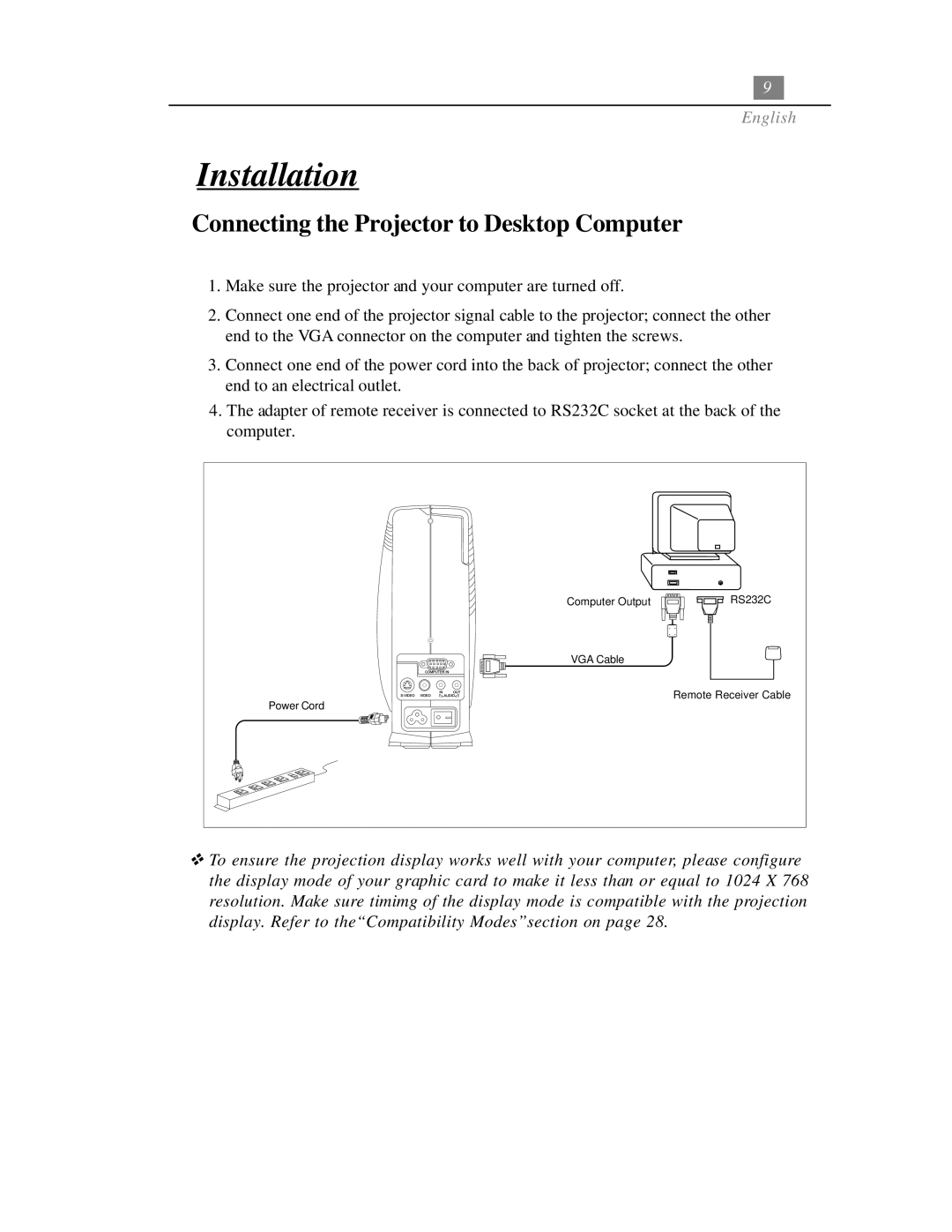 Optoma Technology EP718 specifications Installation, Connecting the Projector to Desktop Computer 