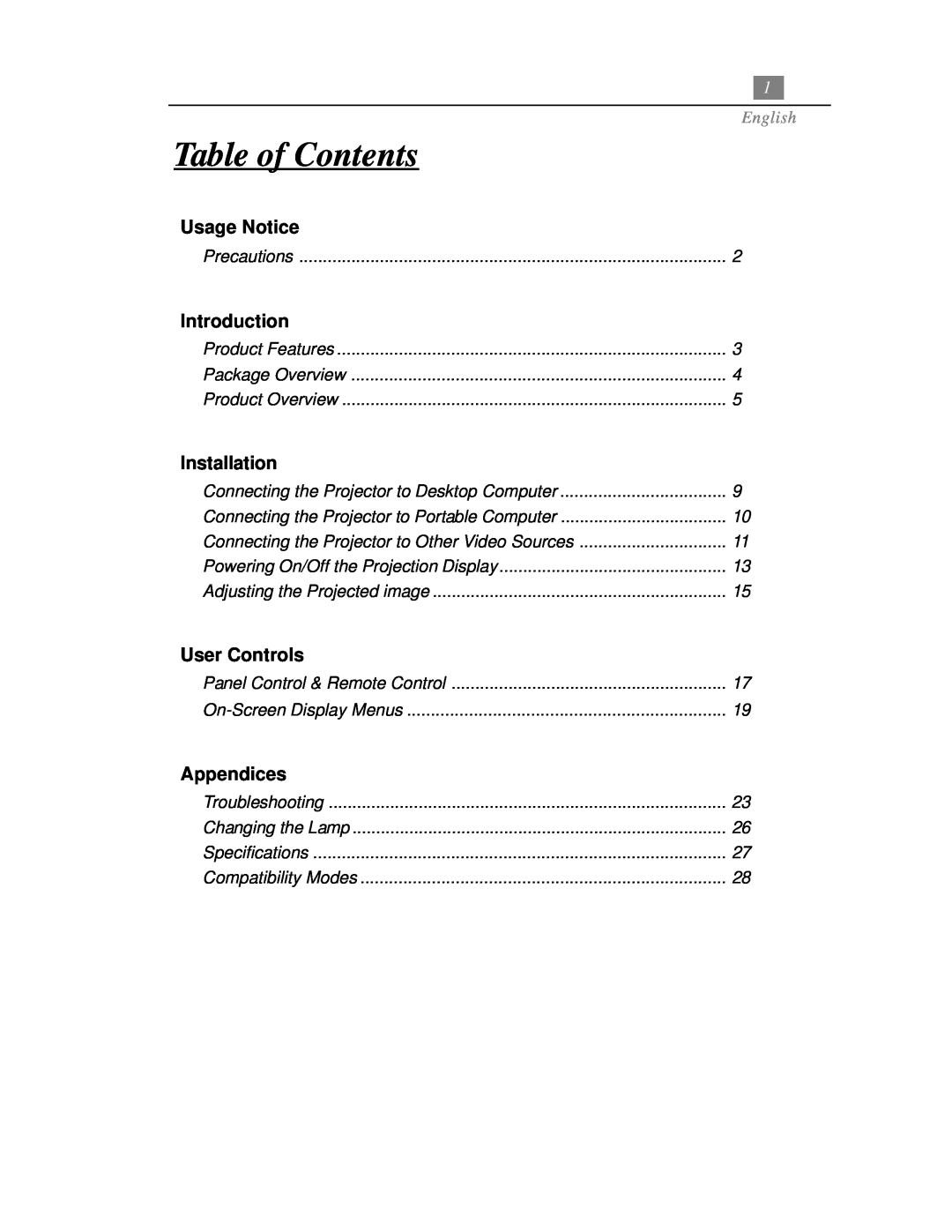 Optoma Technology EP718 specifications Table of Contents, Usage Notice, Introduction, Installation, User Controls, English 