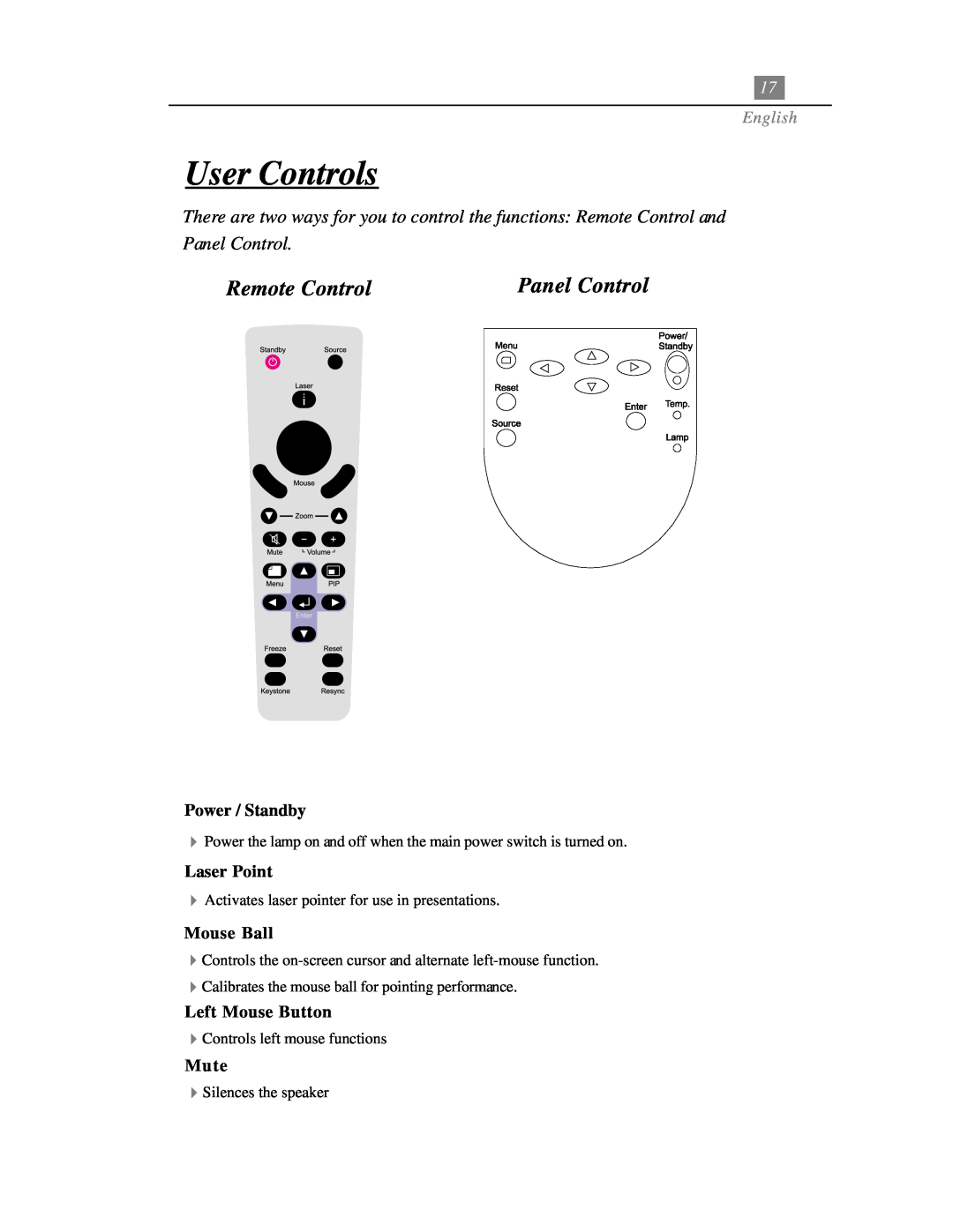 Optoma Technology EP718 specifications User Controls, Remote Control, Panel Control, English 
