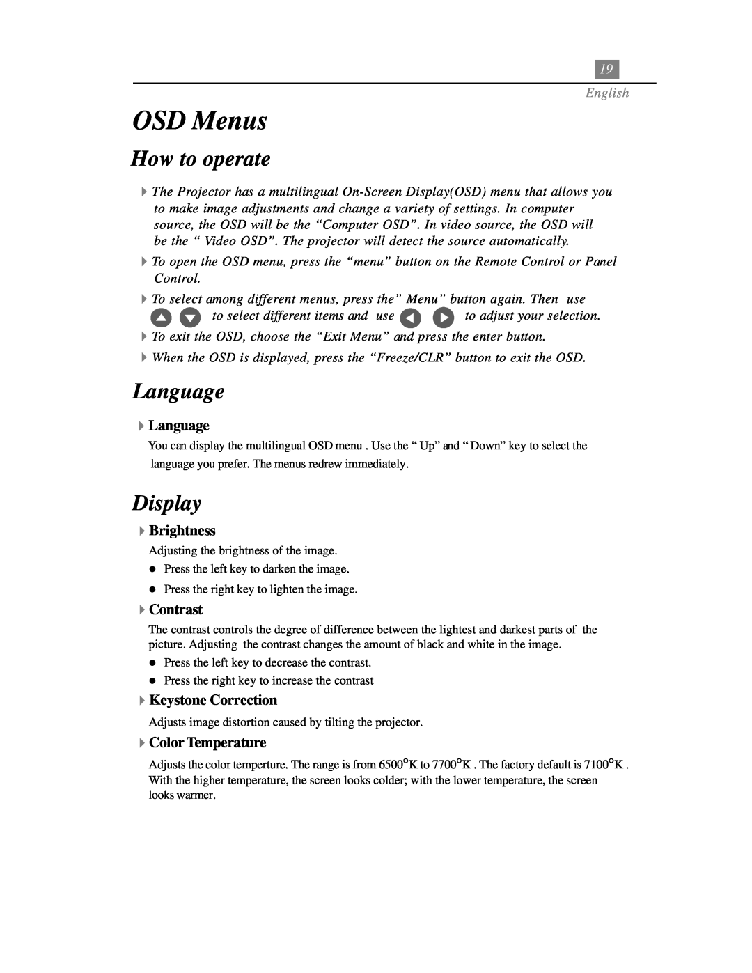 Optoma Technology EP718 specifications OSD Menus, How to operate, Language, Display, English 