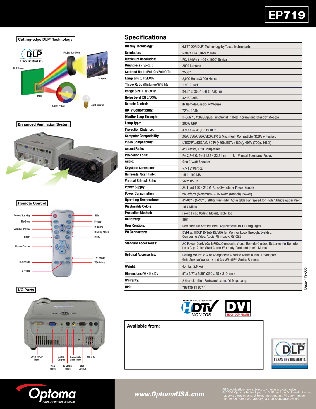 Optoma Technology EP719 manual Specifications, Available from 