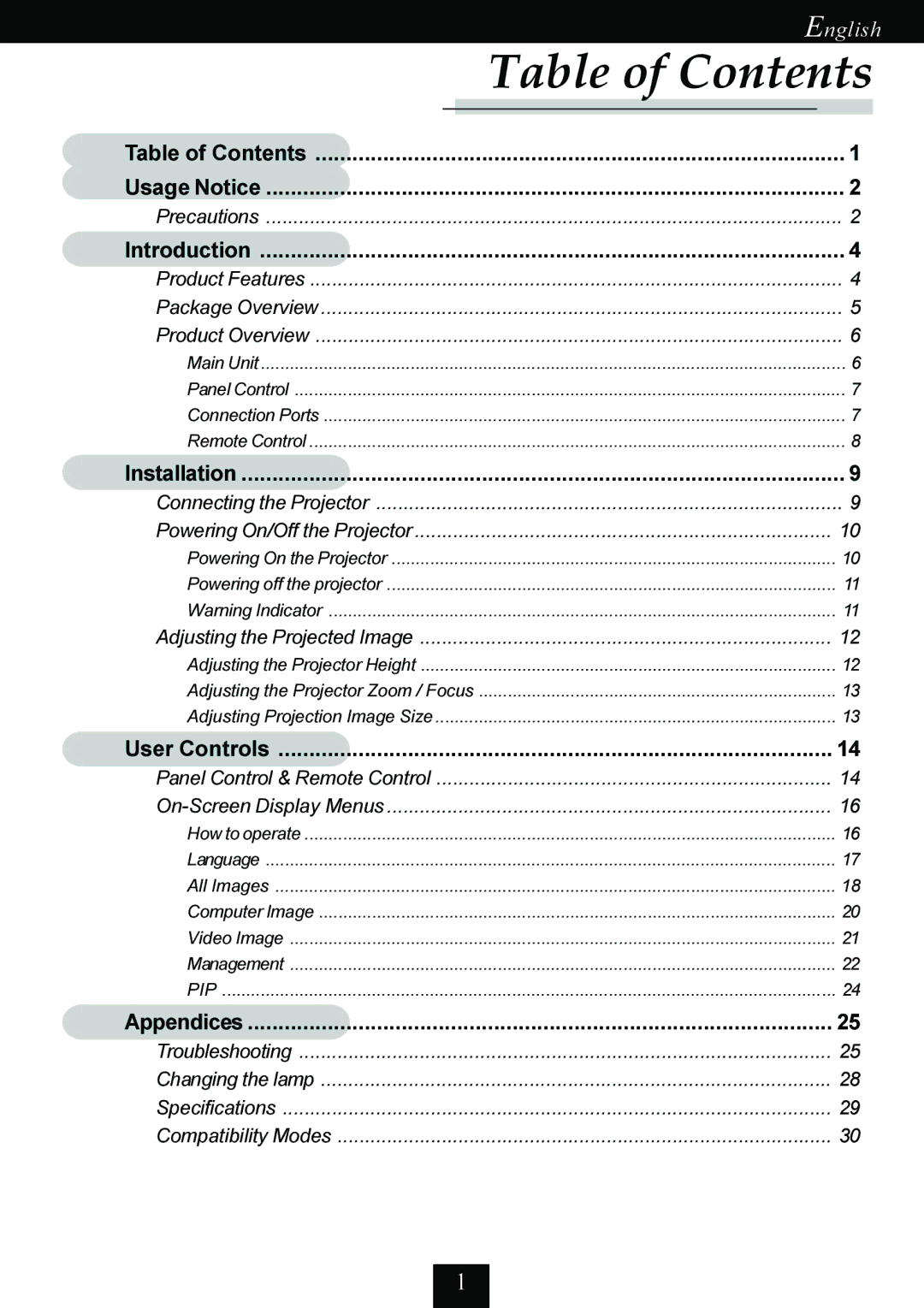 Optoma Technology EP725 specifications Table of Contents 