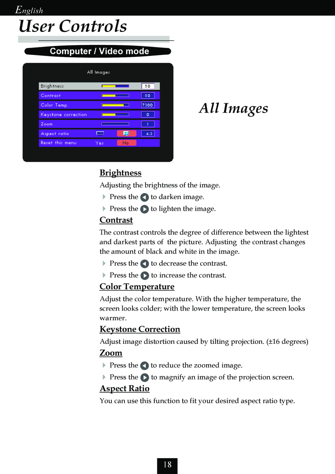 Optoma Technology EP725 specifications All Images, Brightness, Keystone Correction, Zoom 