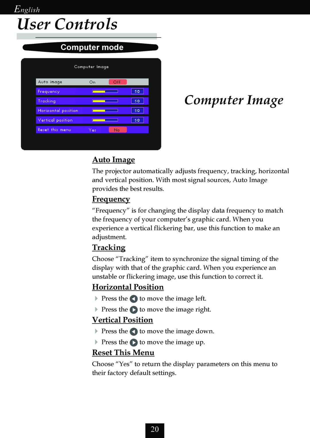 Optoma Technology EP725 specifications Computer Image, Auto Image, Frequency, Tracking, Horizontal Position 