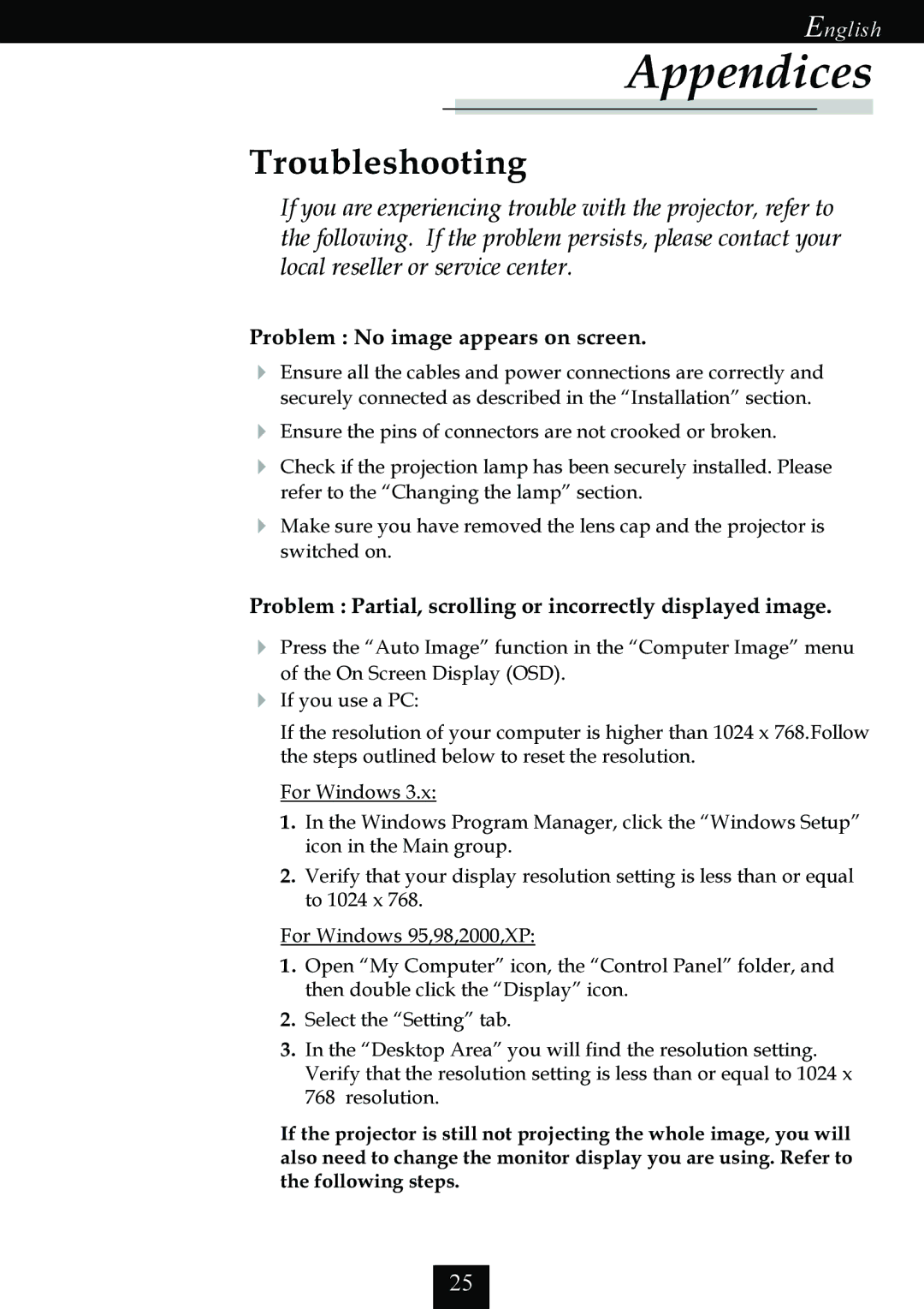 Optoma Technology EP725 specifications Appendices, Troubleshooting, Problem No image appears on screen 