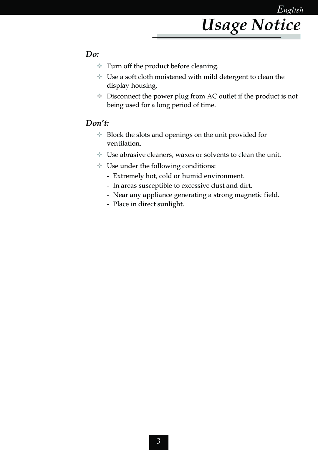 Optoma Technology EP725 specifications Don’t 