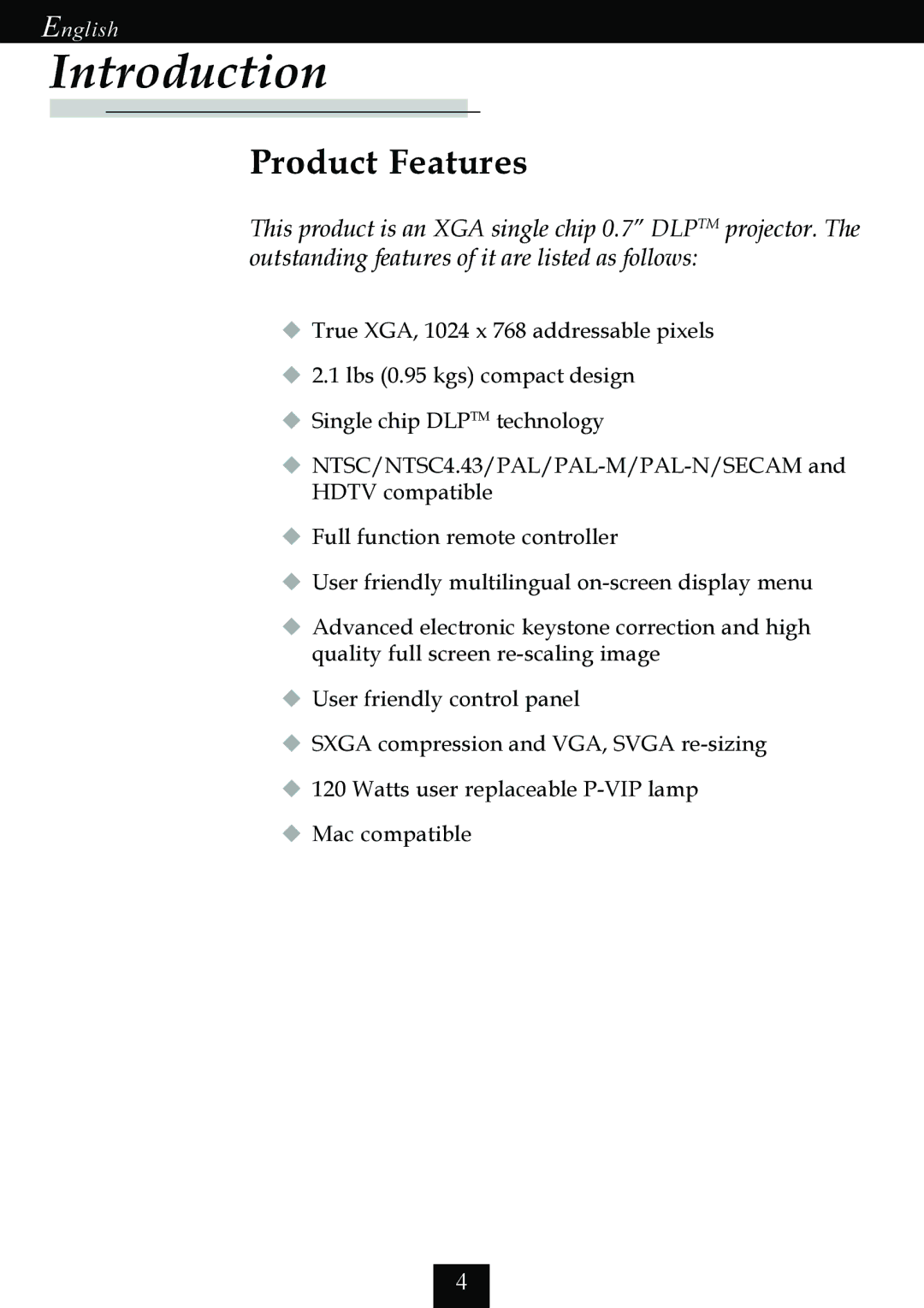 Optoma Technology EP725 specifications Introduction, Product Features 