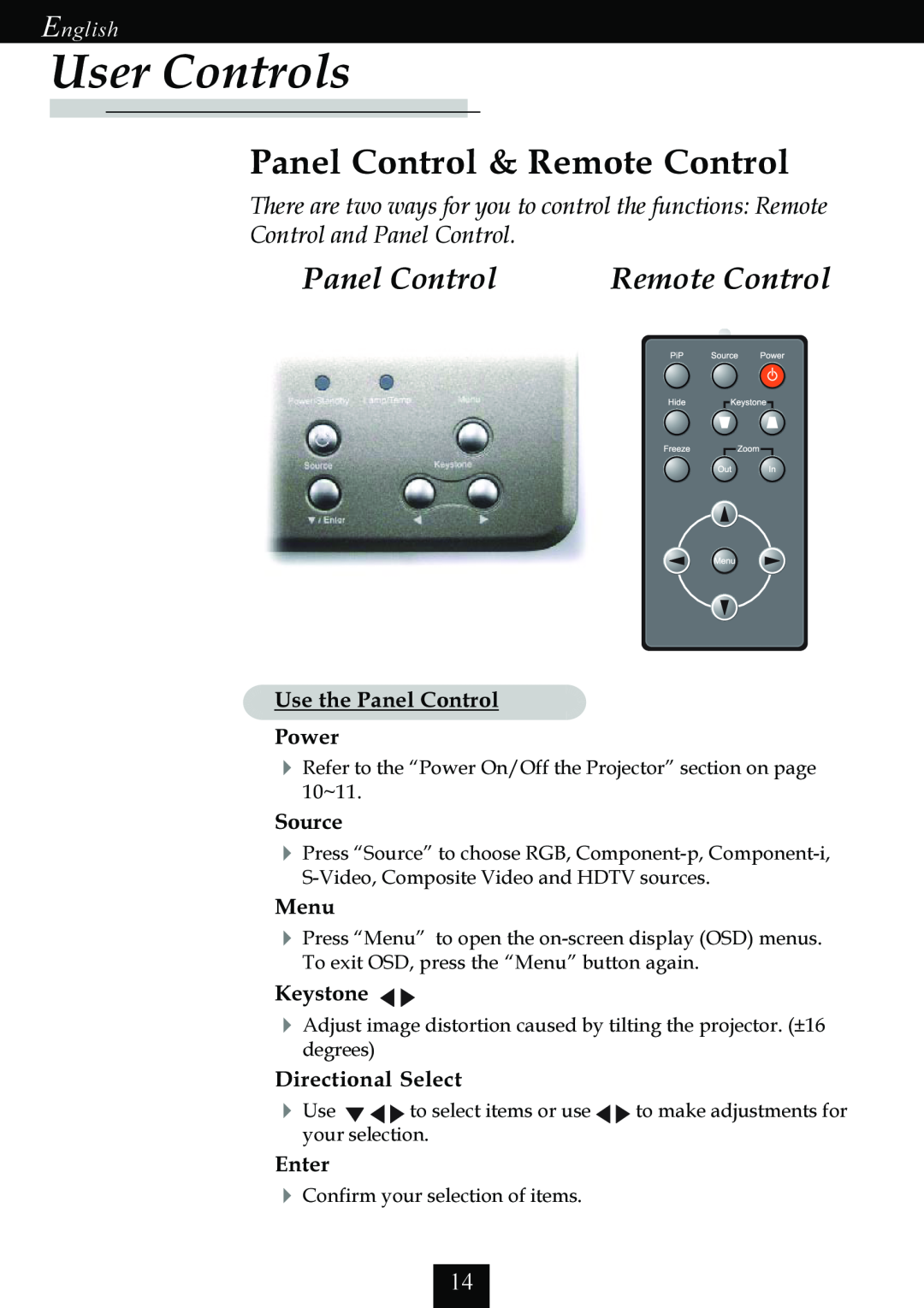 Optoma Technology EP725 specifications User Controls, Panel Control & Remote Control, Control and Panel Control, English 