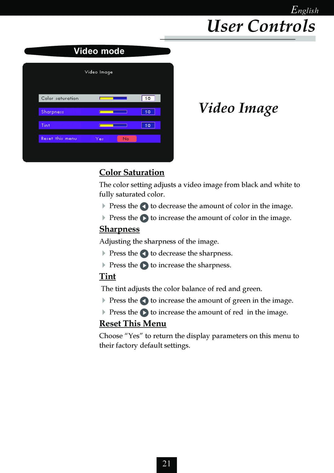 Optoma Technology EP725 specifications Video Image, Video mode, Color Saturation, User Controls, English 