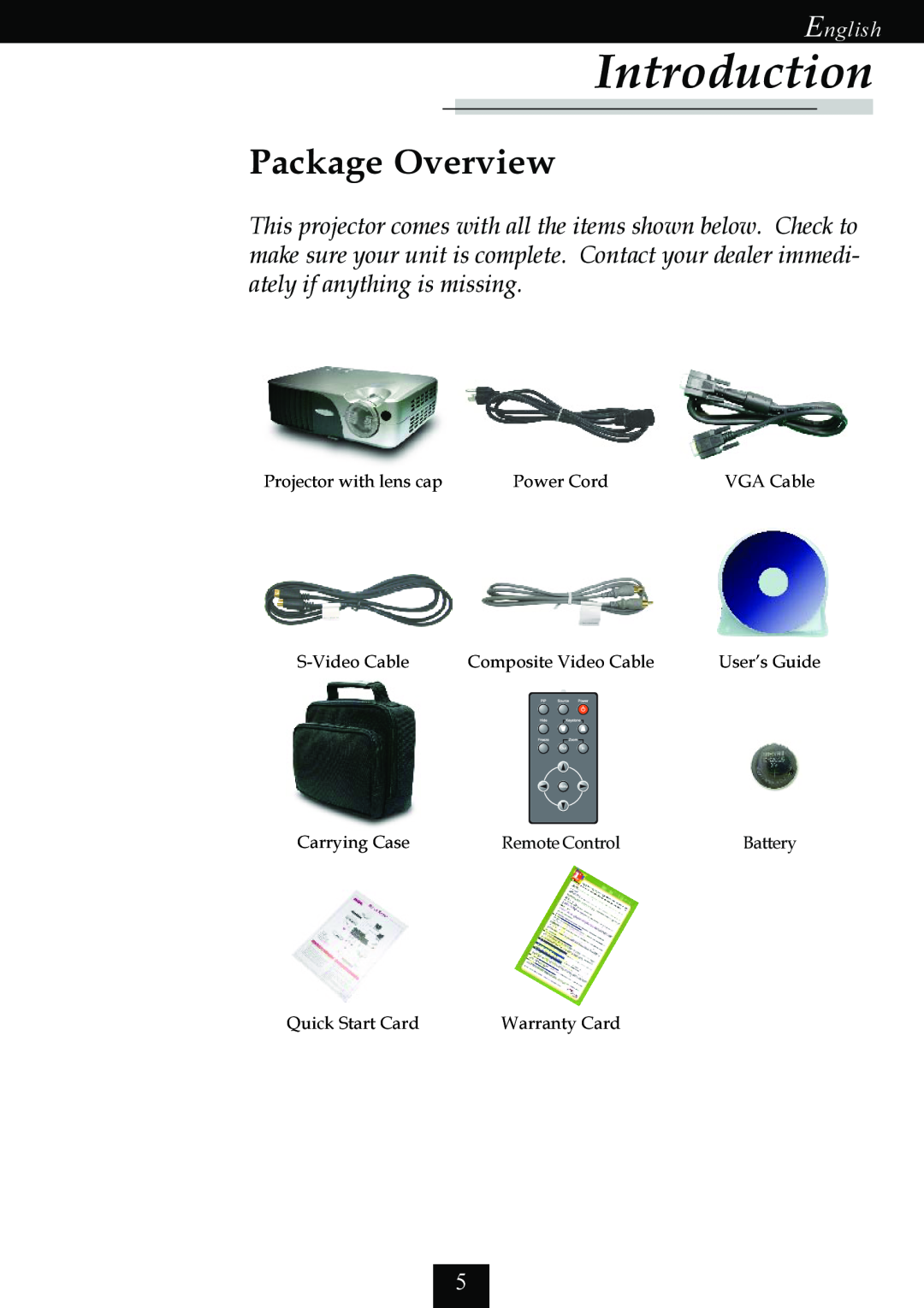Optoma Technology EP725 Package Overview, Introduction, English, Projector with lens cap, Power Cord, VGA Cable, Battery 