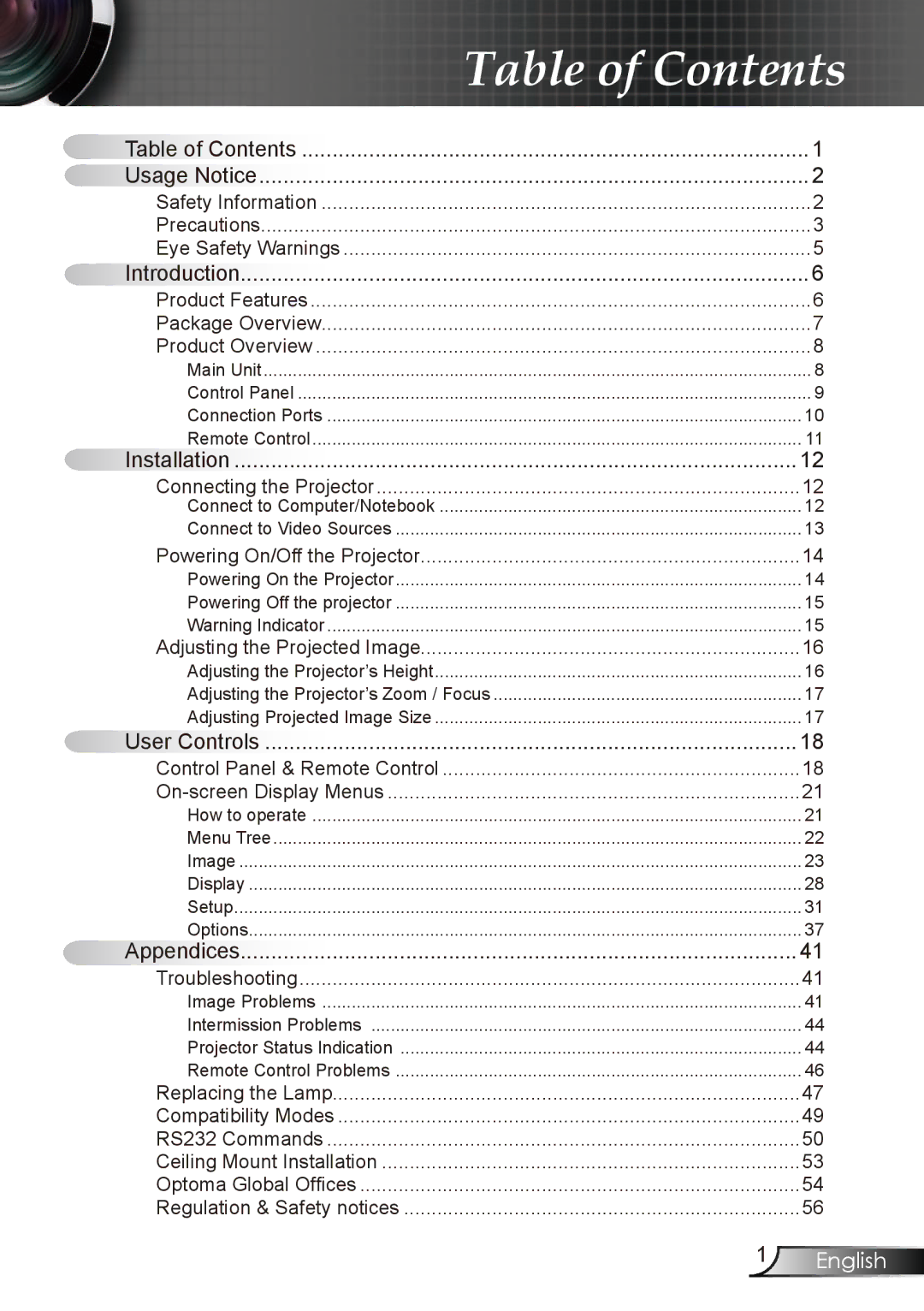 Optoma Technology EP727, EP728, EP723, EP721 manual Table of Contents 