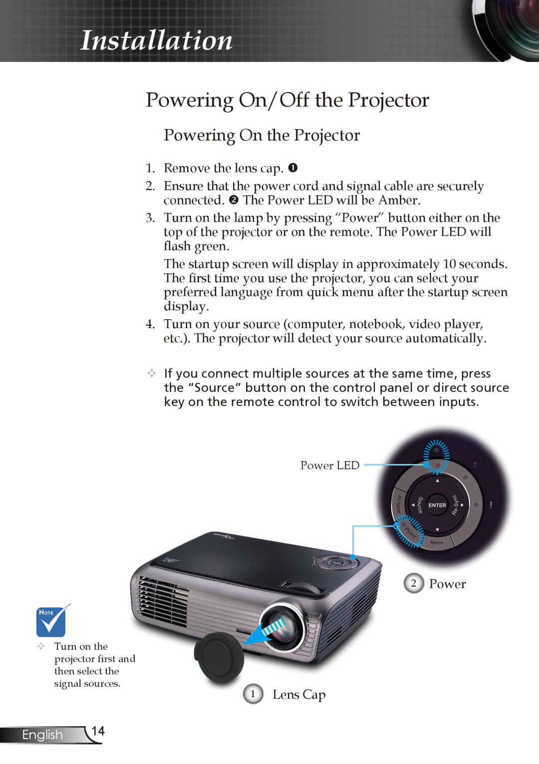 Optoma Technology EP723, EP728, EP727, EP721 manual Powering On/Off the Projector, Powering On the Projector, Lens Cap 