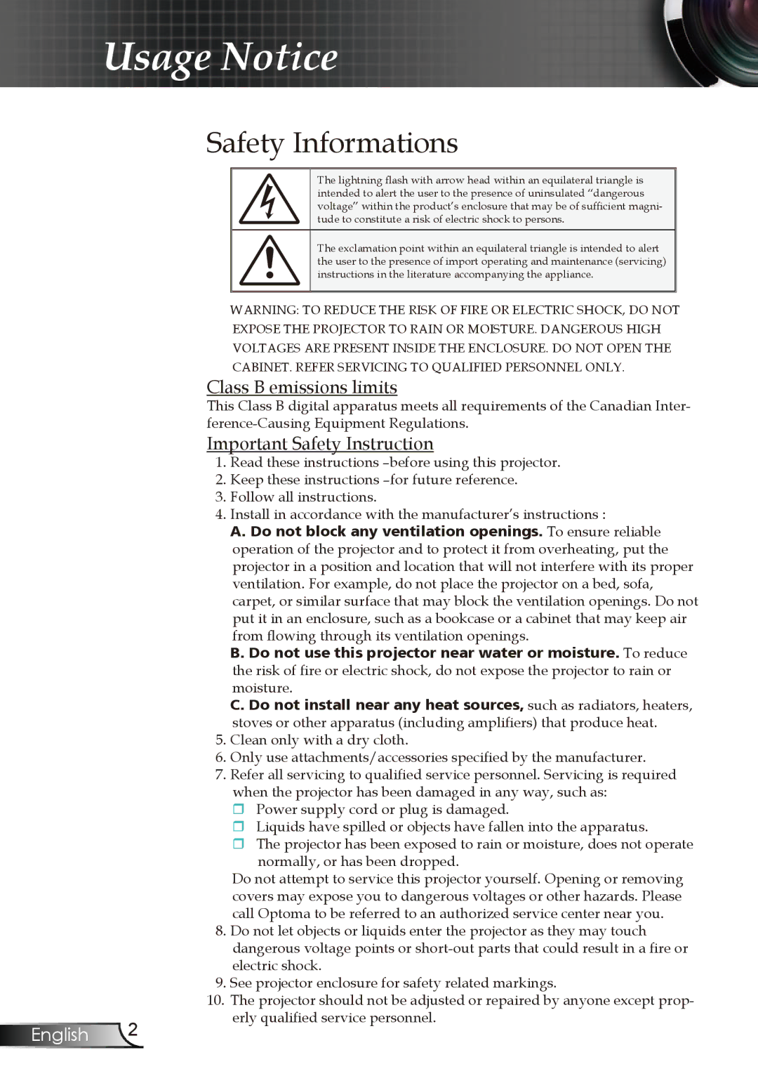 Optoma Technology EP723, EP728, EP727, EP721 Safety Informations, Class B emissions limits, Important Safety Instruction 