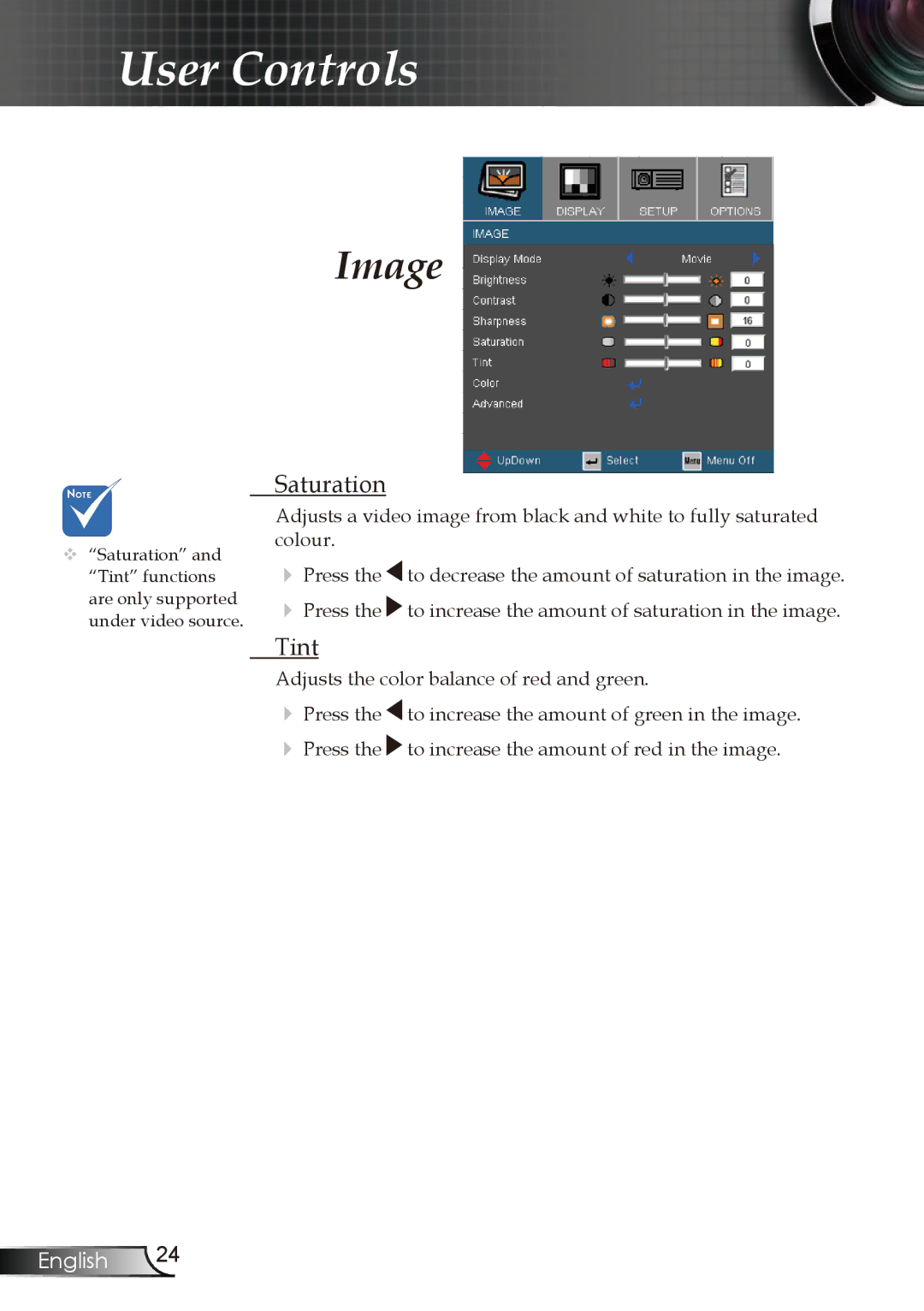 Optoma Technology EP728, EP727, EP723, EP721 manual Saturation, Tint 