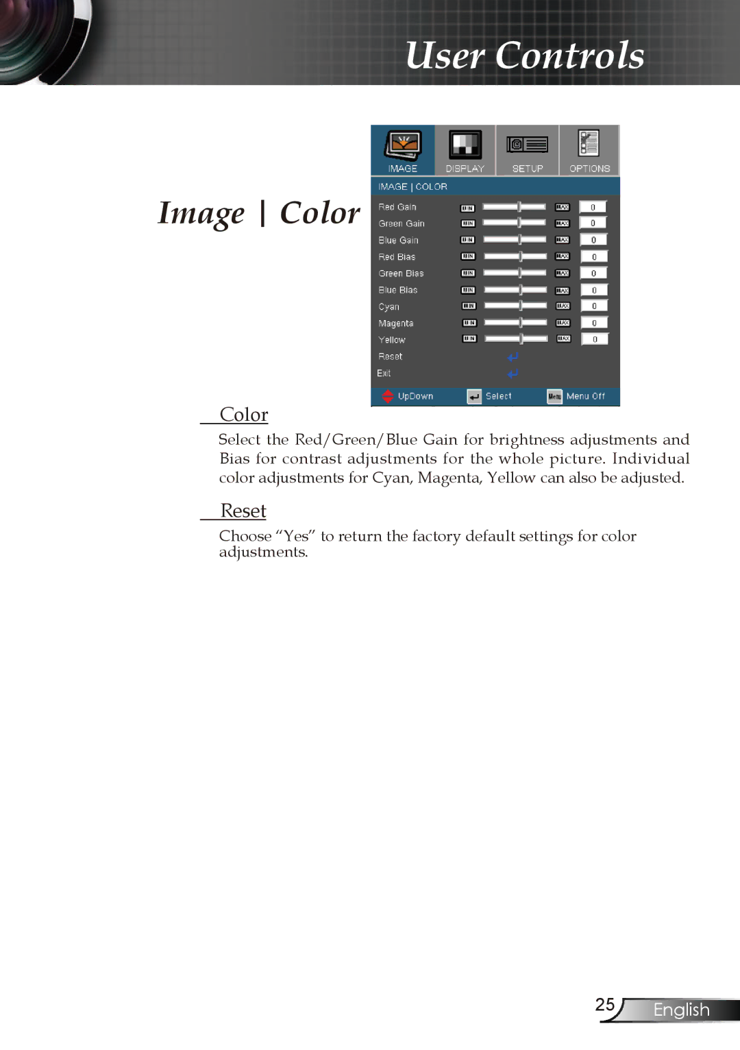 Optoma Technology EP727, EP728, EP723, EP721 manual Image Color, Reset 