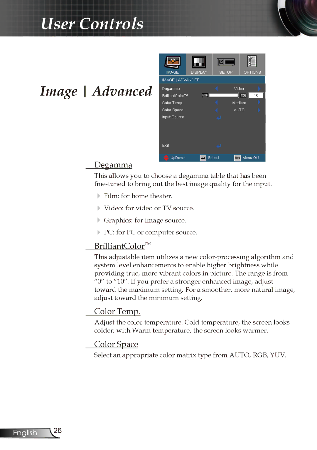 Optoma Technology EP723, EP728, EP727, EP721 manual Image Advanced, Degamma, BrilliantColorTM, Color Temp, Color Space 