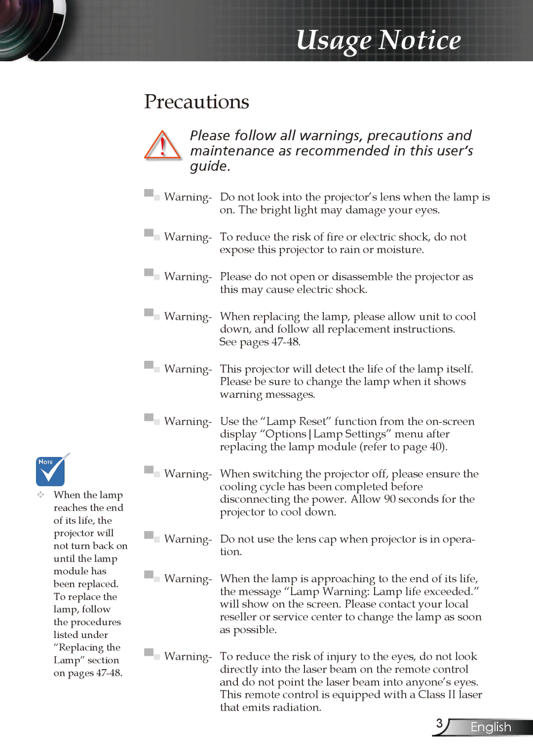 Optoma Technology EP721, EP728, EP727, EP723 manual Precautions 