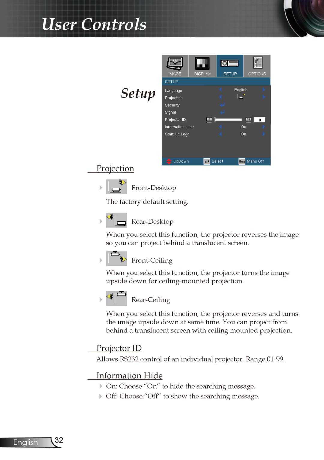 Optoma Technology EP728, EP727, EP723, EP721 manual Setup, Projection, Projector ID, Information Hide 