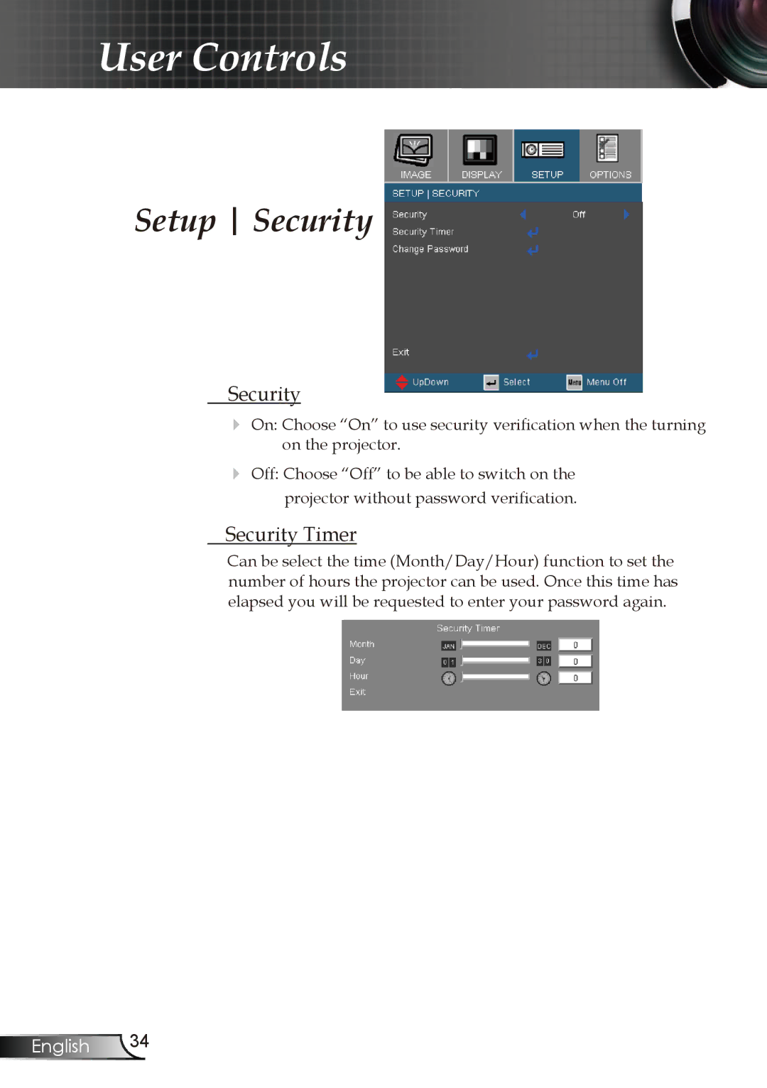 Optoma Technology EP723, EP728, EP727, EP721 manual Setup Security, Security Timer 