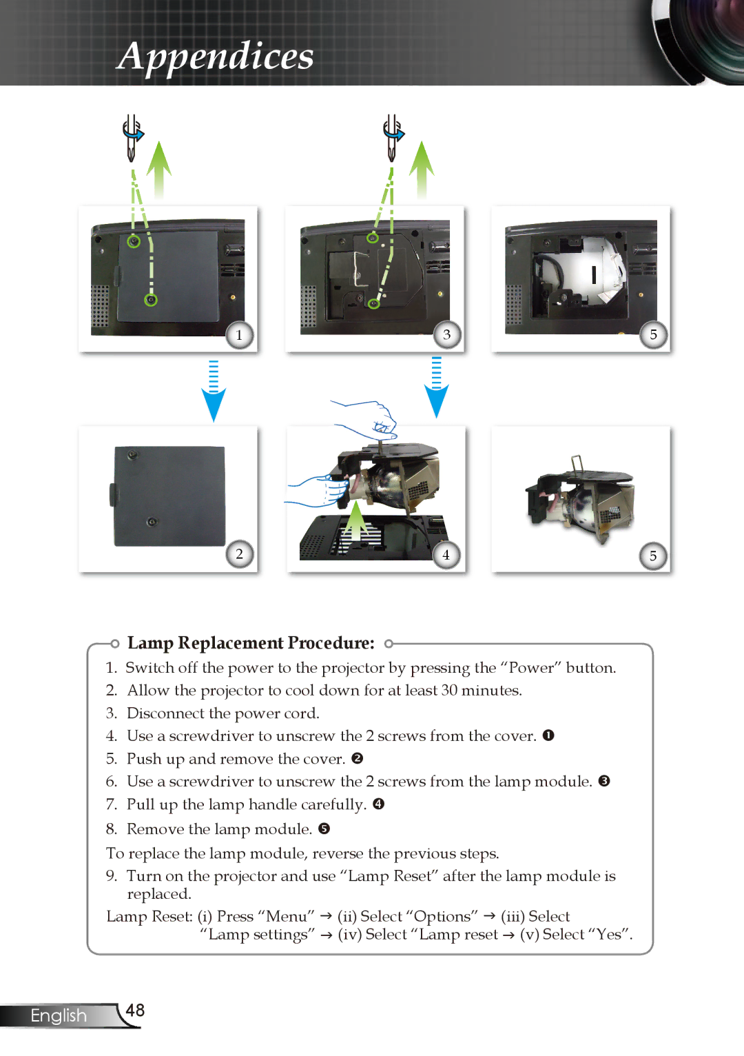 Optoma Technology EP728, EP727, EP723, EP721 manual Lamp Replacement Procedure 