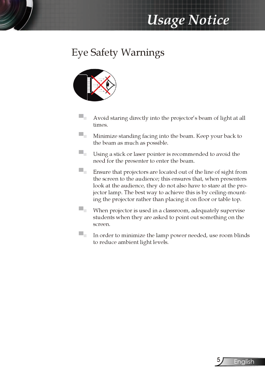 Optoma Technology EP727, EP728, EP723, EP721 manual Eye Safety Warnings 