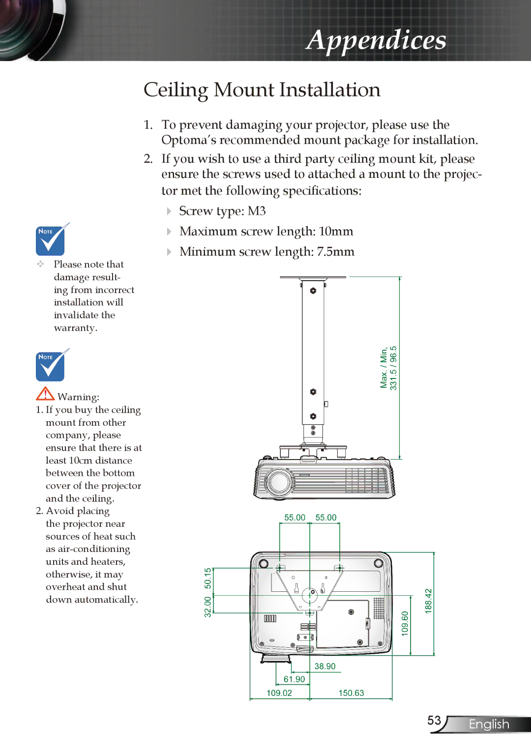 Optoma Technology EP727, EP728, EP723, EP721 manual Ceiling Mount Installation 