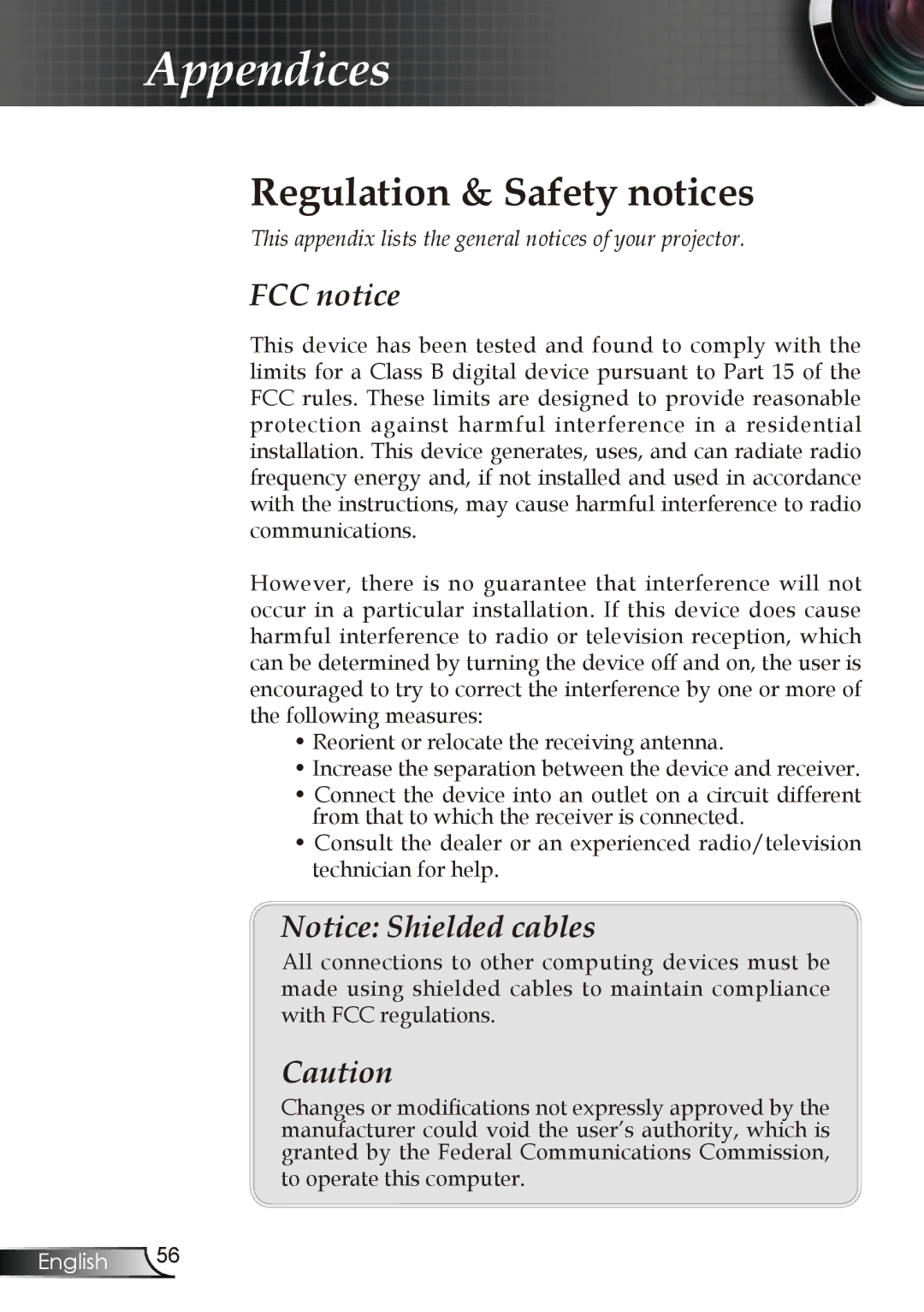 Optoma Technology EP728, EP727, EP723, EP721 manual Regulation & Safety notices 