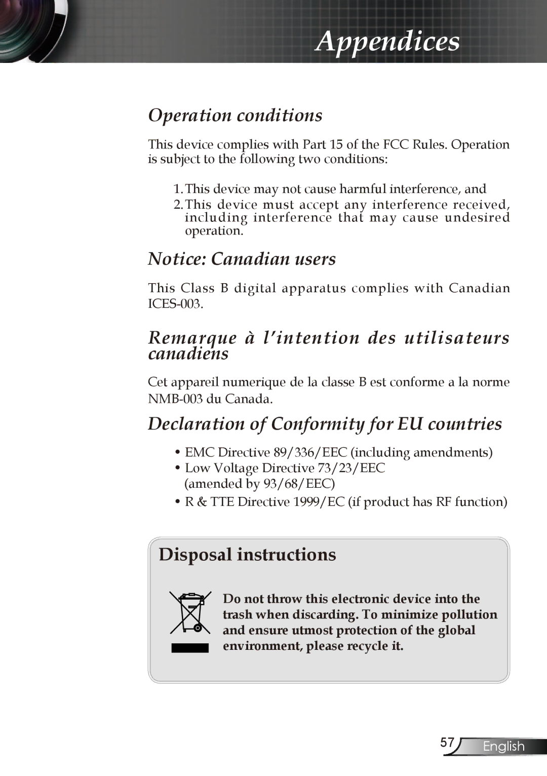 Optoma Technology EP727, EP728, EP723, EP721 manual Remarque à l’intention des utilisateurs canadiens 