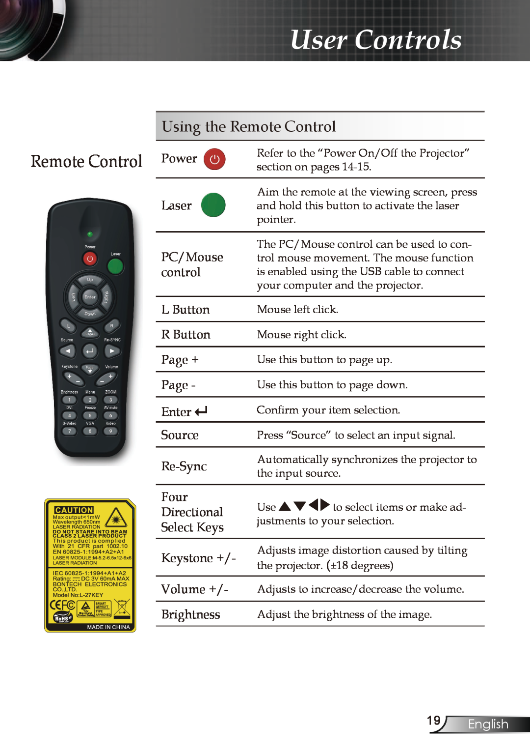 Optoma Technology EP721, EP728, EP727, EP723 manual Remote Control Power, Using the Remote Control, English, User Controls 