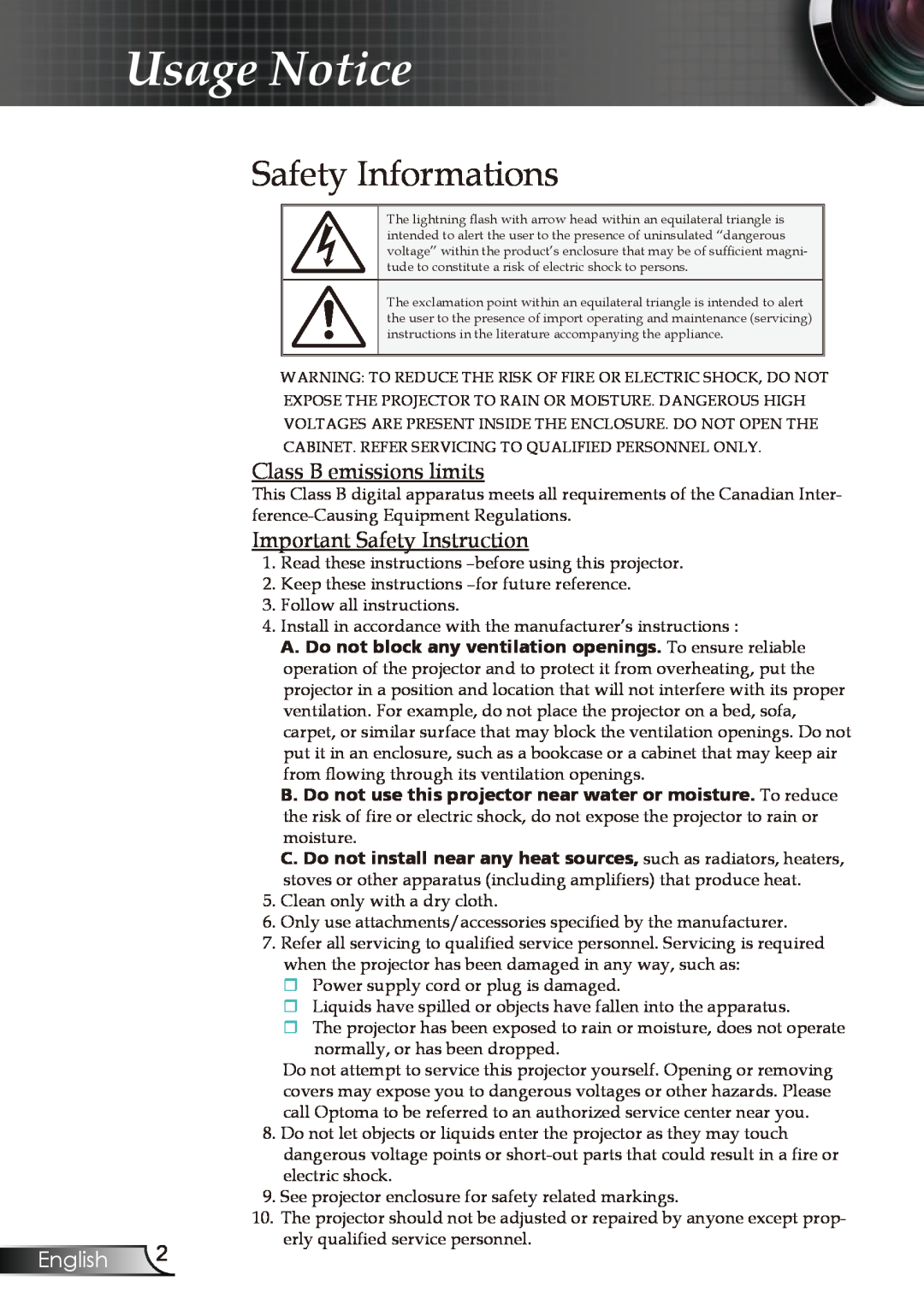 Optoma Technology EP723, EP728, EP727, EP721 manual Usage Notice, Safety Informations, English 