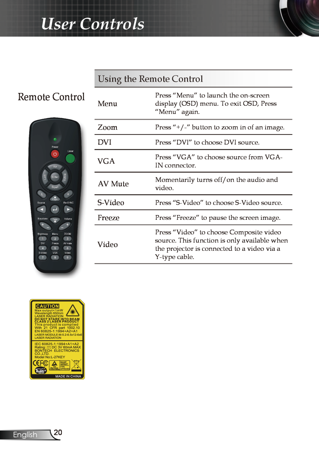 Optoma Technology EP728, EP727, EP723, EP721 manual User Controls, Using the Remote Control, English 