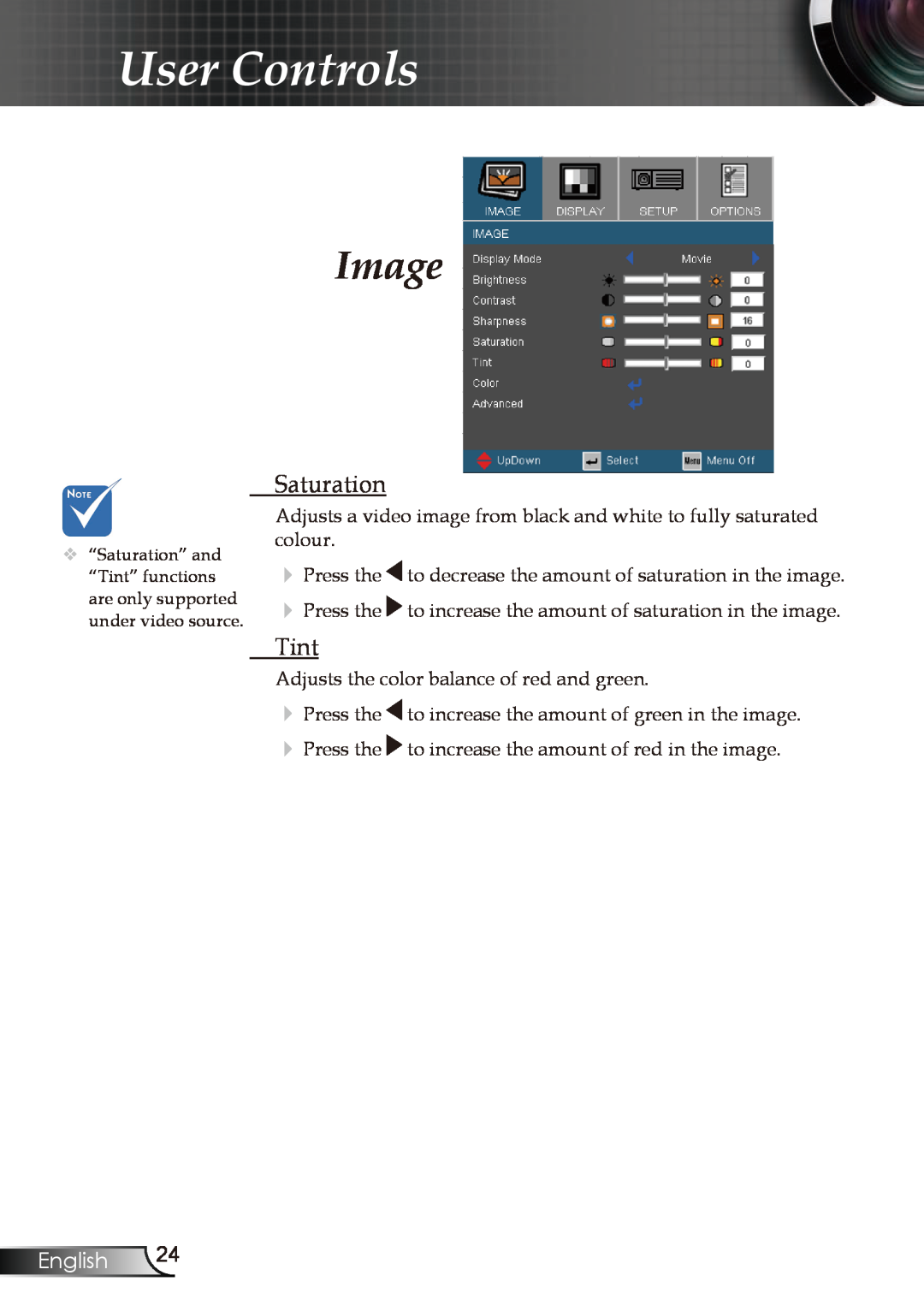 Optoma Technology EP728, EP727, EP723, EP721 manual Saturation, Tint, User Controls, Image, English 