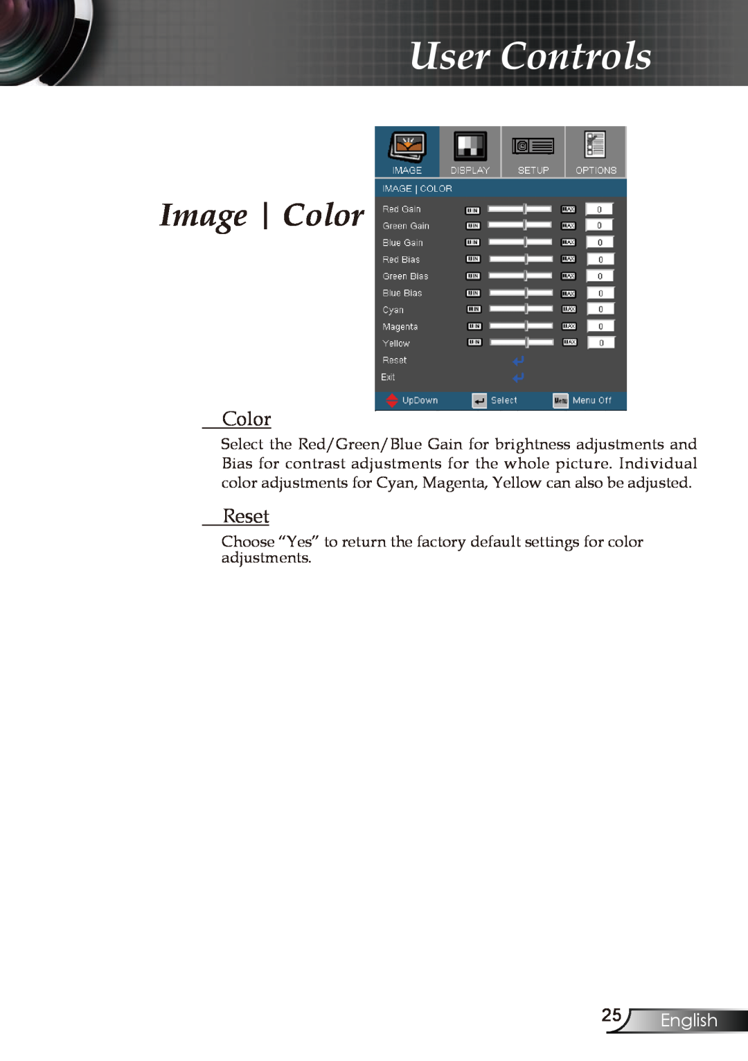 Optoma Technology EP727, EP728, EP723, EP721 manual Image Color, Reset, English, User Controls 