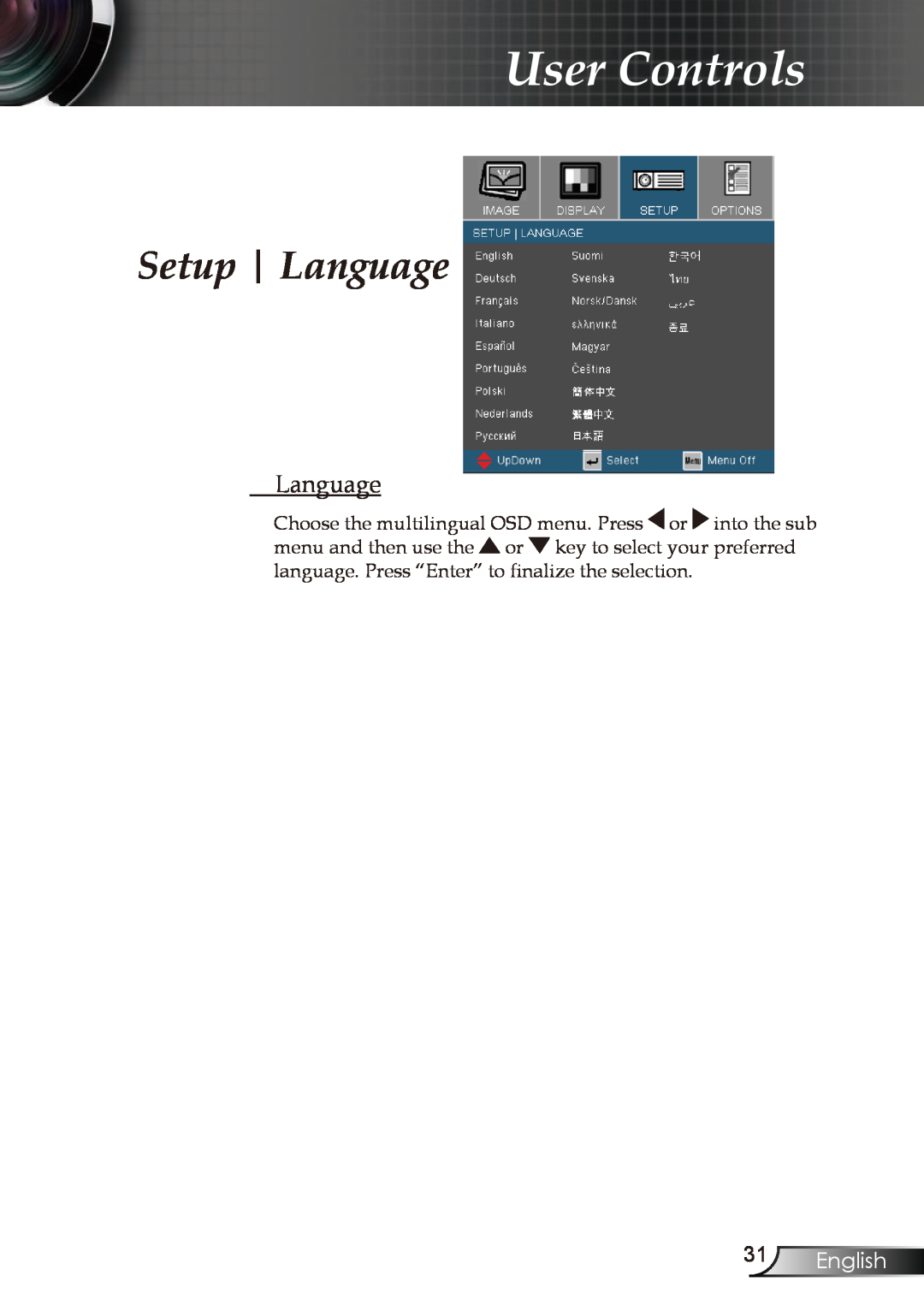 Optoma Technology EP721, EP728, EP727, EP723 manual Setup Language, English, User Controls 