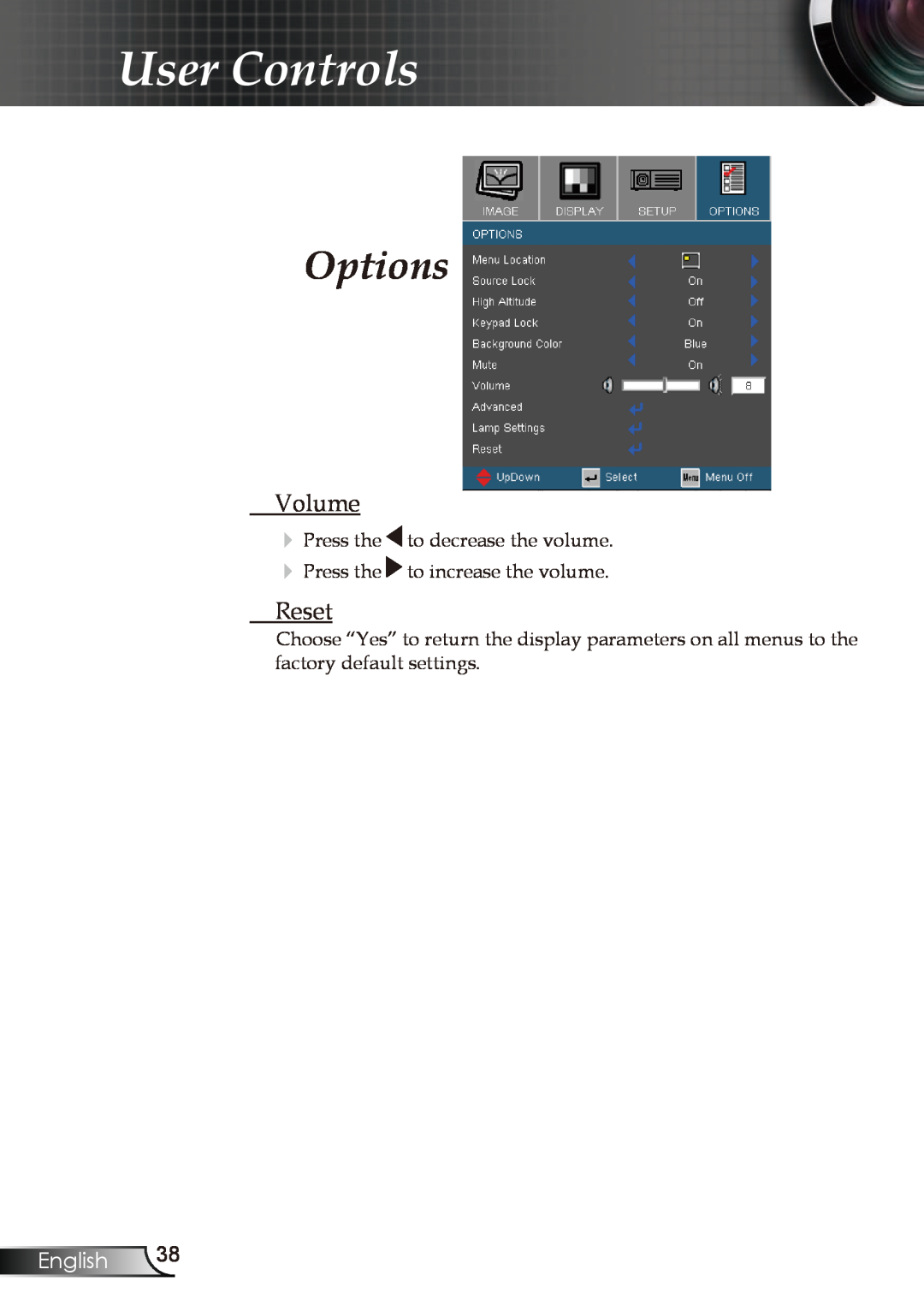 Optoma Technology EP723, EP728, EP727, EP721 manual Volume, User Controls, Options, Reset, English 