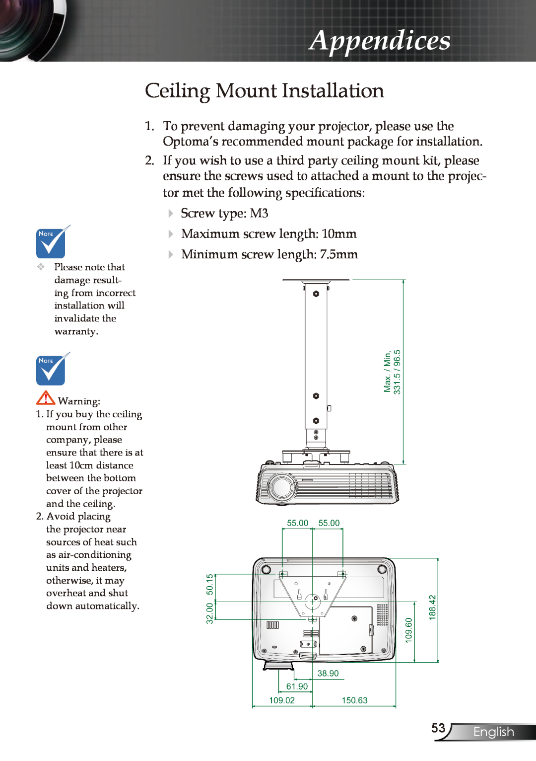 Optoma Technology EP727, EP728, EP723, EP721 manual Ceiling Mount Installation, English, Appendices 