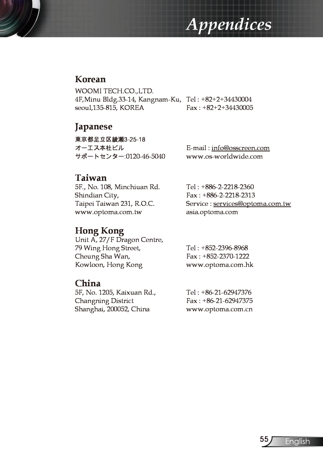 Optoma Technology EP721, EP728, EP727, EP723 manual Korean, Japanese, Taiwan, Hong Kong, China, English, Appendices 