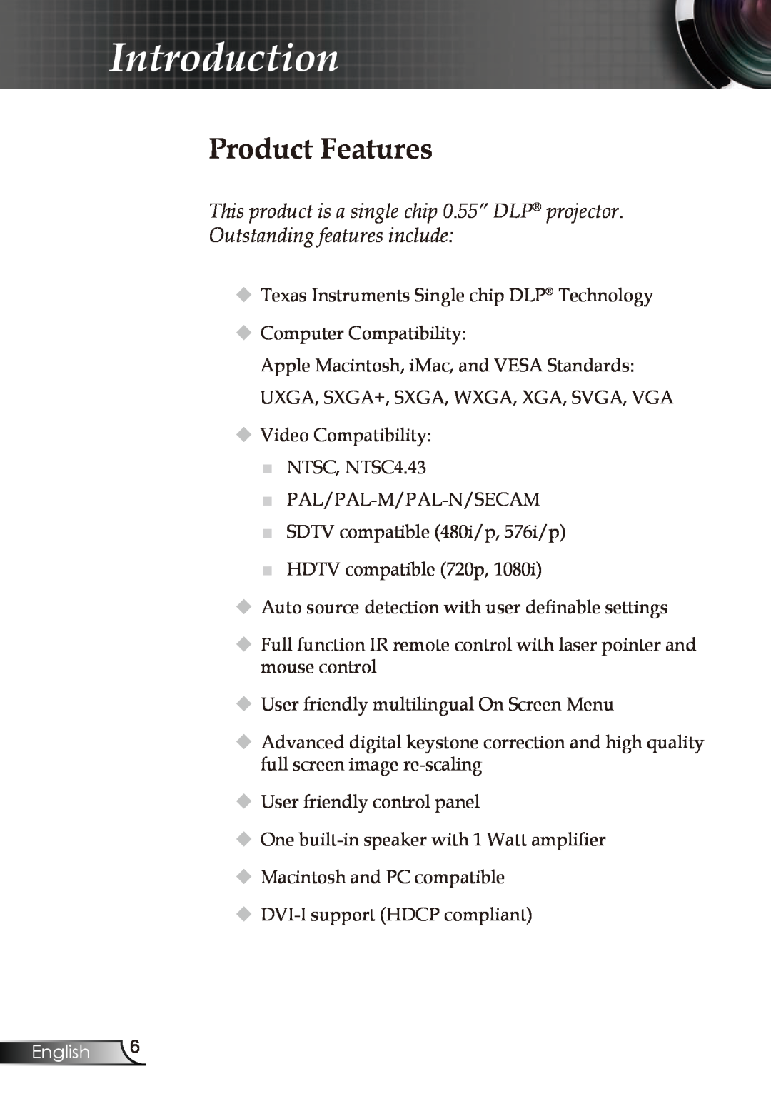 Optoma Technology EP723, EP728, EP727, EP721 manual Introduction, Product Features, English 