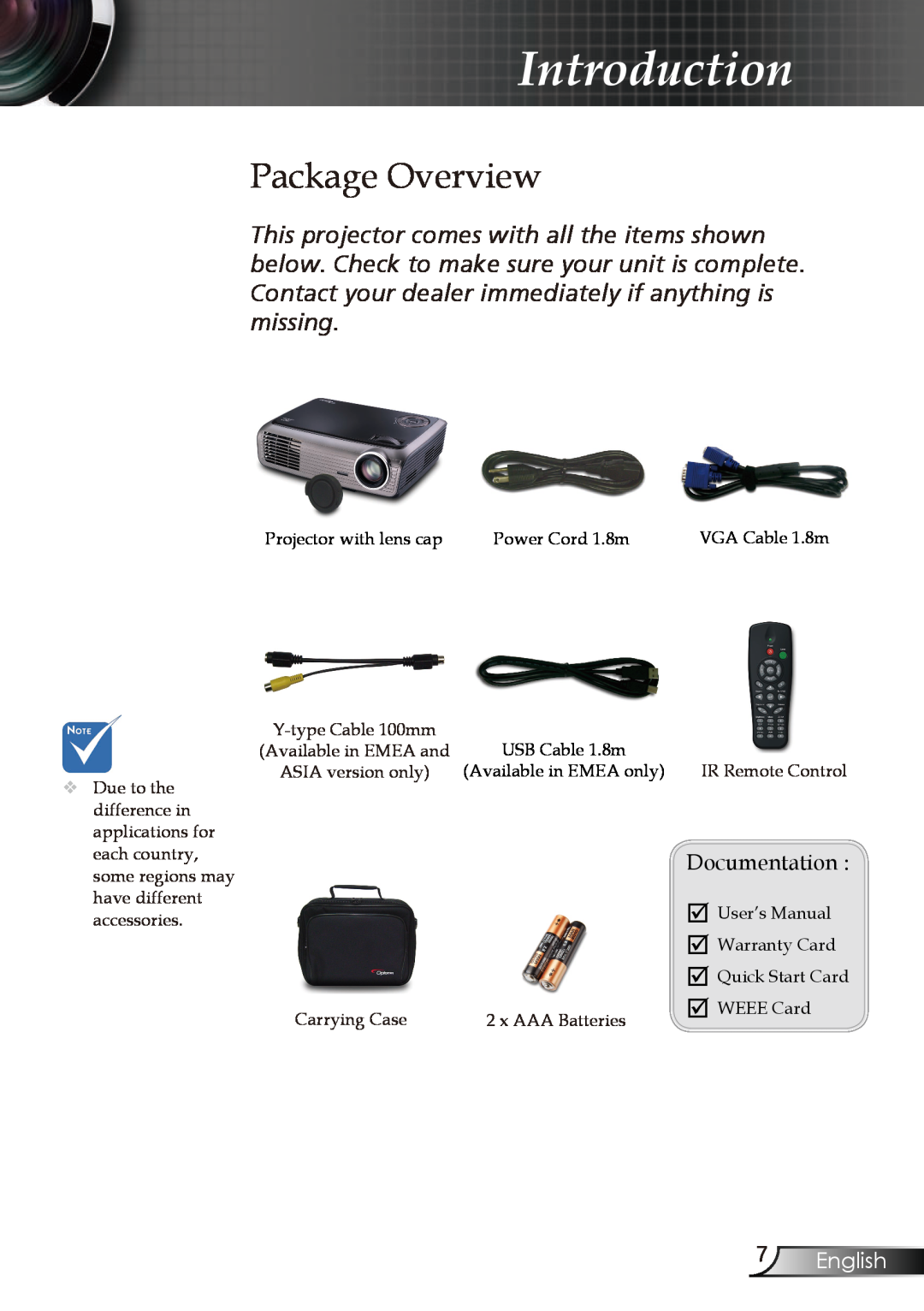Optoma Technology EP721, EP728, EP727, EP723 manual Package Overview, English, Introduction 