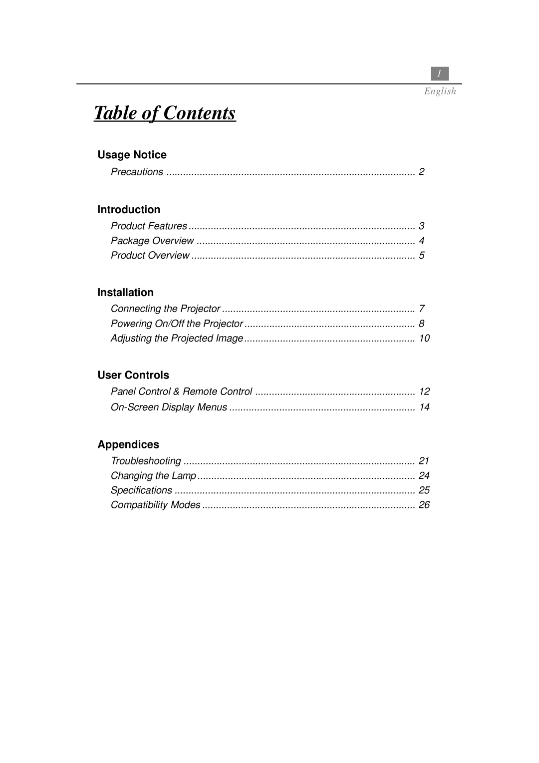 Optoma Technology EP730 manual Table of Contents 