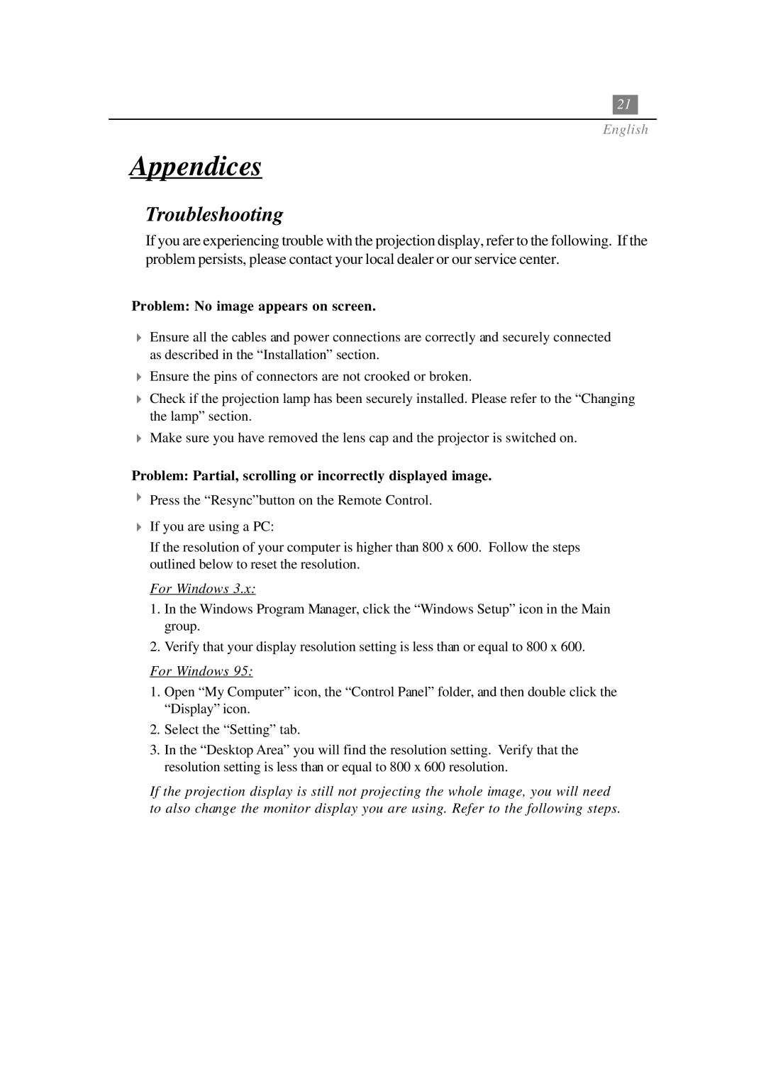 Optoma Technology EP730 manual Appendices, Problem No image appears on screen 