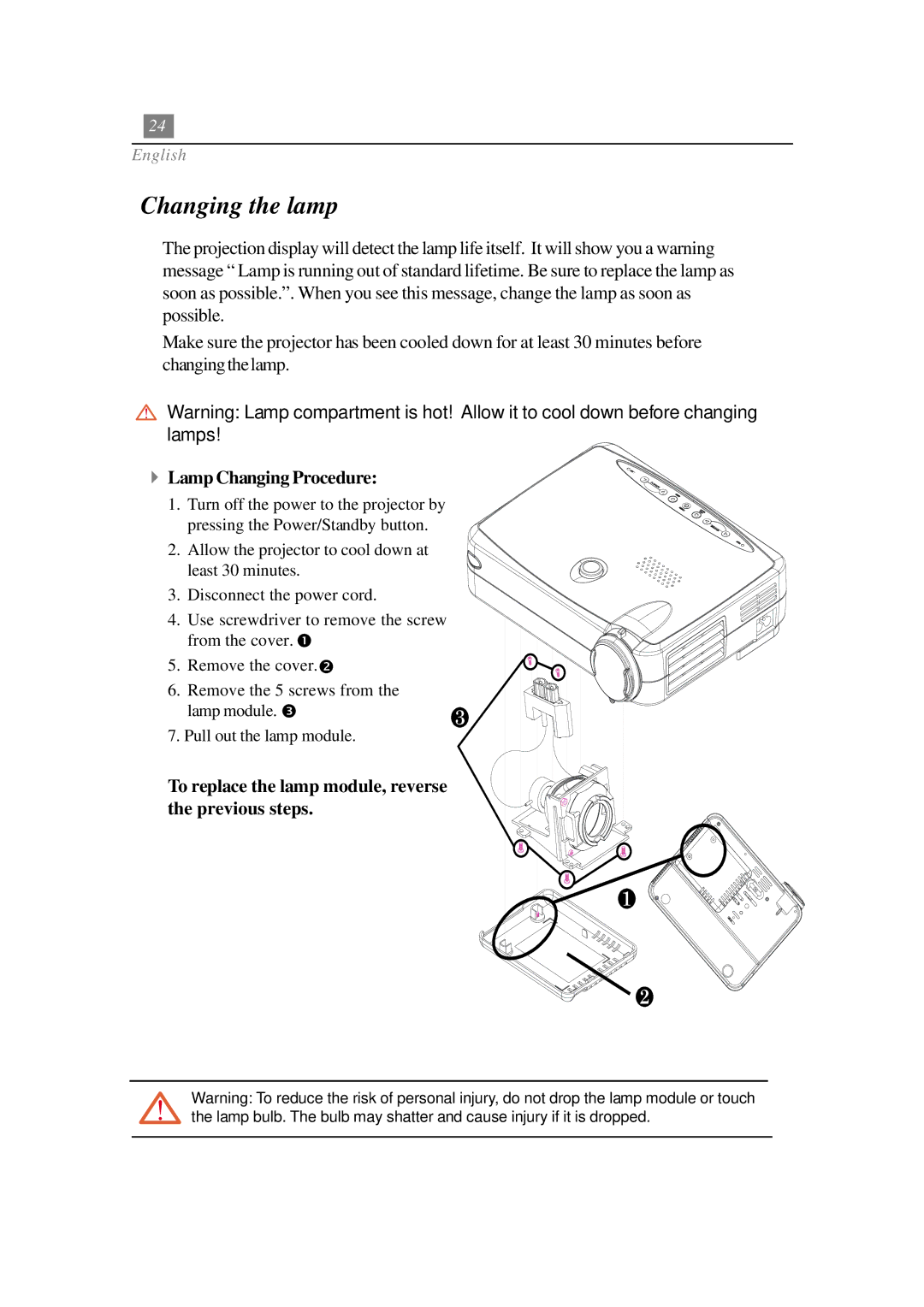 Optoma Technology EP730 manual 4Lamp Changing Procedure, To replace the lamp module, reverse the previous steps 