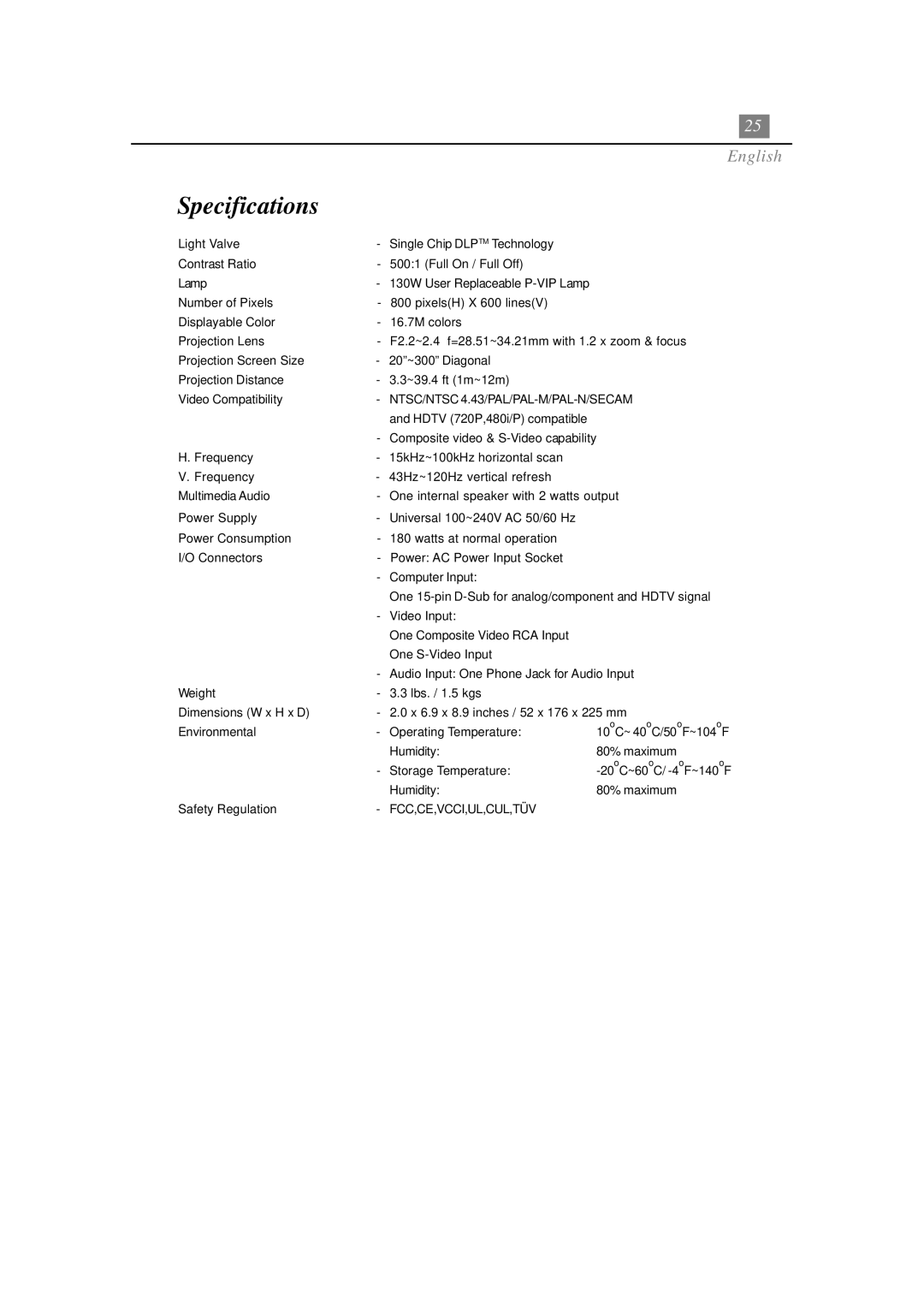 Optoma Technology EP730 manual Specifications 