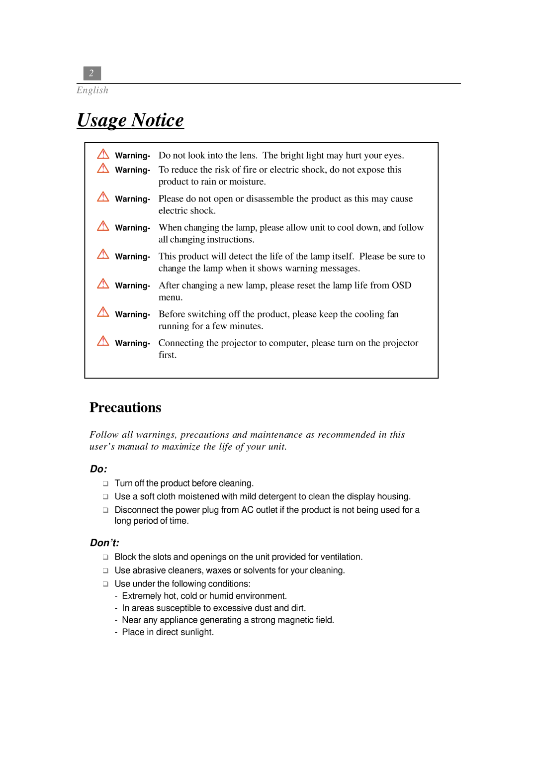 Optoma Technology EP730 manual Usage Notice, Precautions 