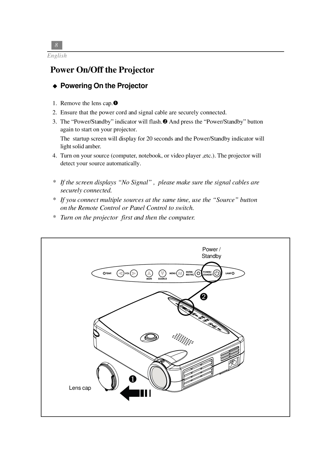 Optoma Technology EP730 manual Power On/Off the Projector, Powering On the Projector 