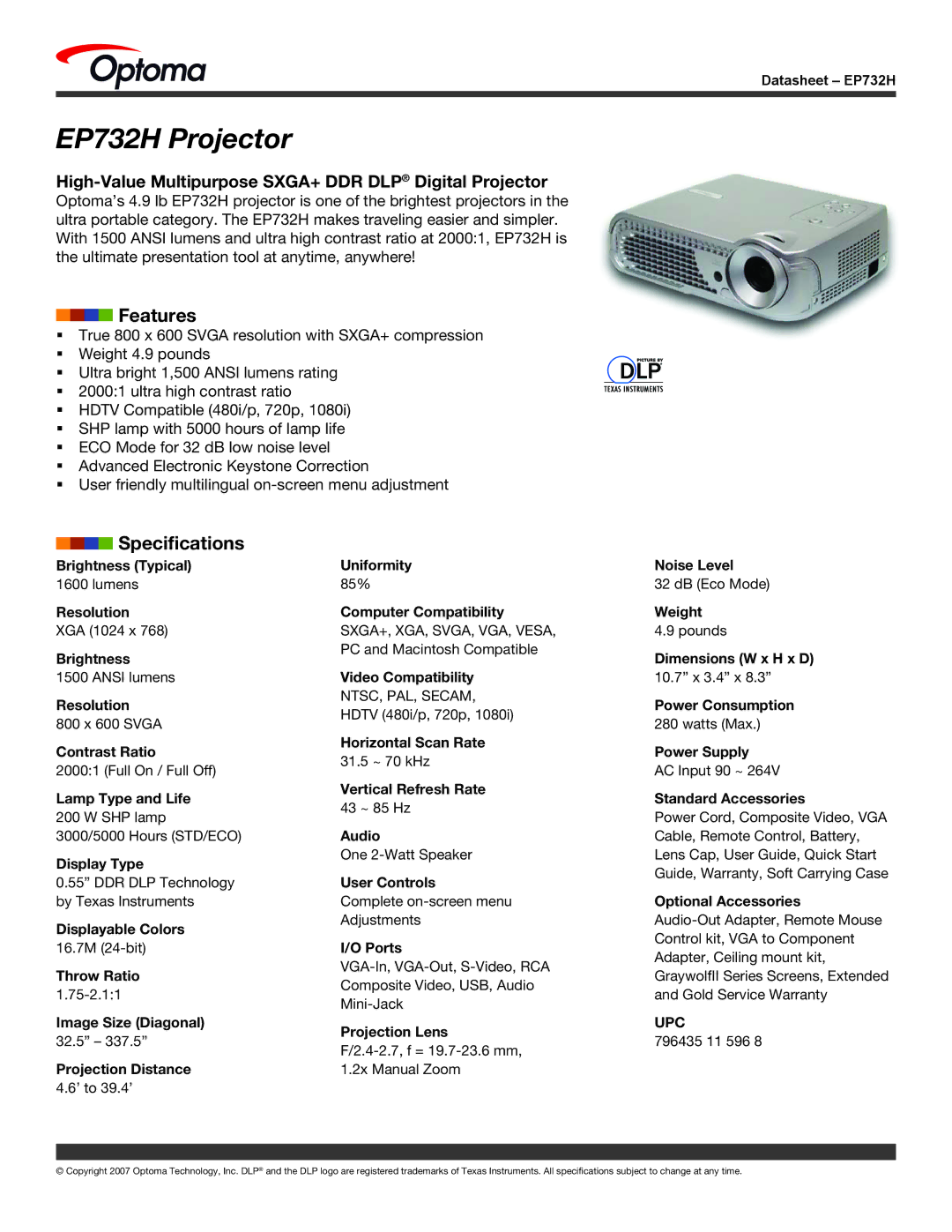 Optoma Technology specifications EP732H Projector, Features, Specifications, Upc 