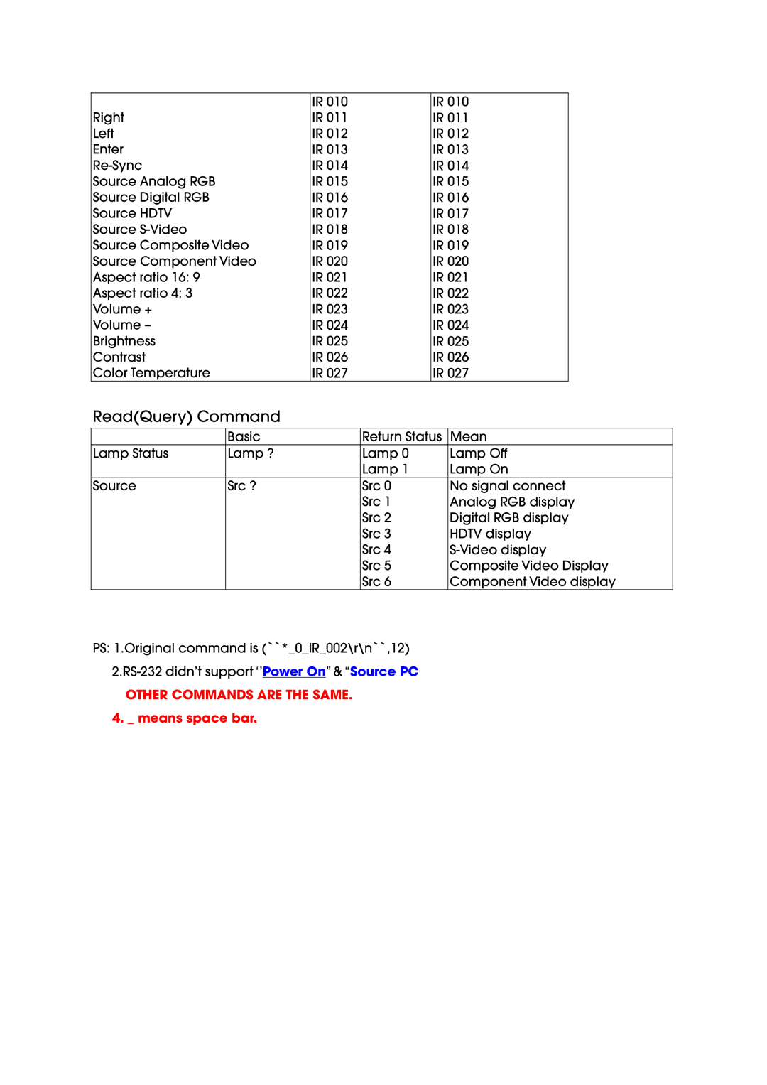 Optoma Technology EP737 manual ReadQuery Command 