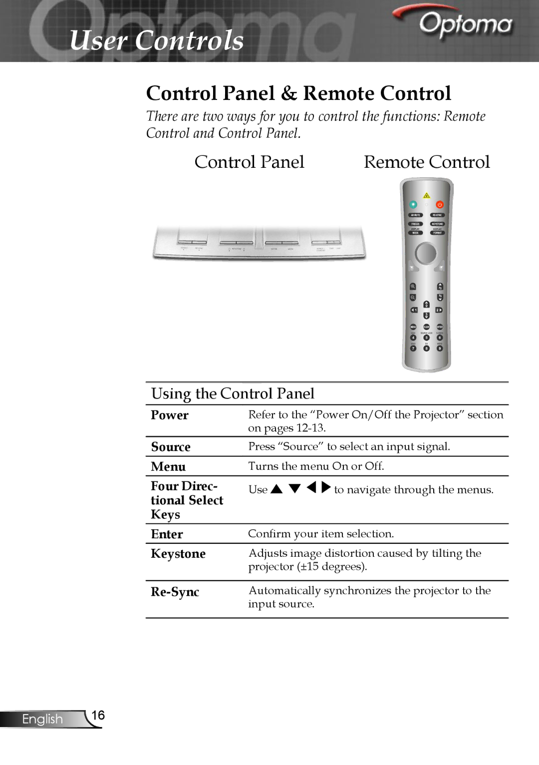 Optoma Technology EP747 manual User Controls, Control Panel & Remote Control 